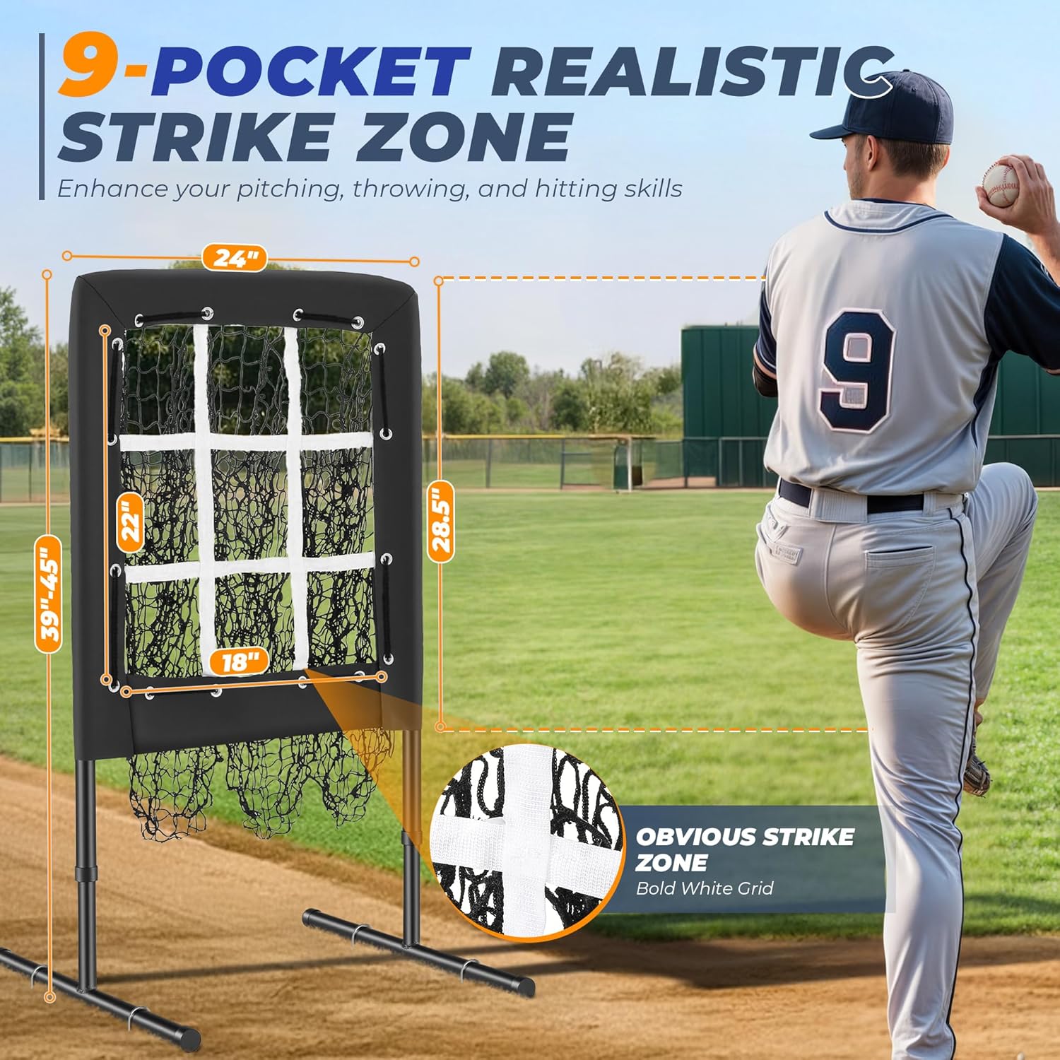 9 Hole Pitching Net, Portable Nine Pocket Pitching Target Baseball Softball with Strike Zone, Height Adjustable Pitcher Training Equipment with Carry Bag, 4 Ground Stakes - Image 2