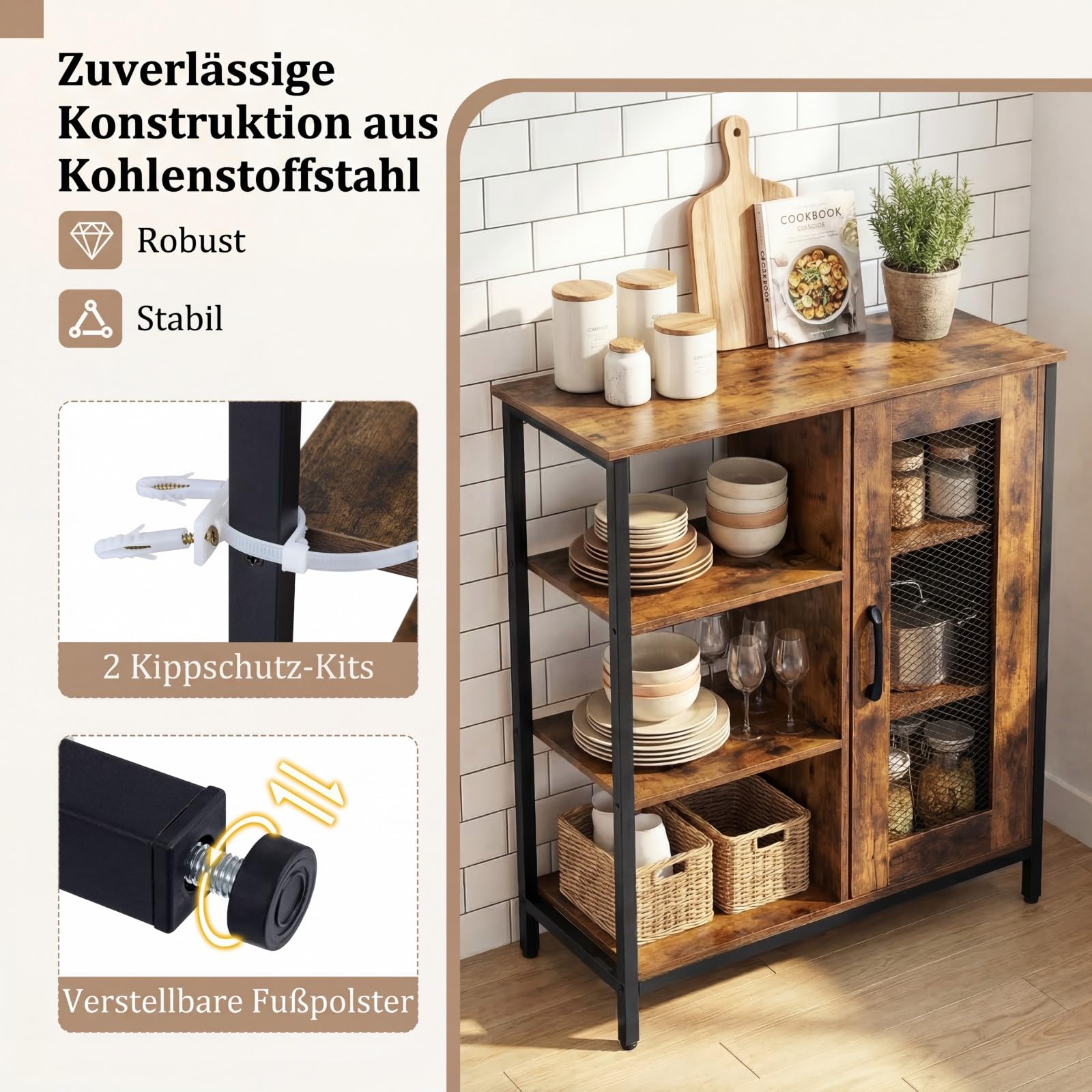 COSTWAY Sideboard Holz, Küchenschrank mit Tür, offenen Ablagen & verstellbaren Einlegeböden, Rahmen aus Kohlenstoffstahl, Anrichteschrank Buffetschrank, Schrank Vintage, 70 x 30 x 81 cm (Braun)