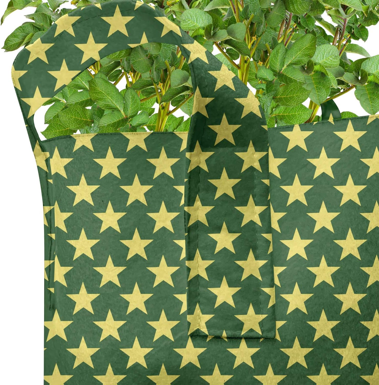 Ambesonne Star Grow Bags 5-Pack, Modern Abstract Shape Pattern, Heavyduty Fabric Pots with Handles for Plants, Green and Pastel Yellow