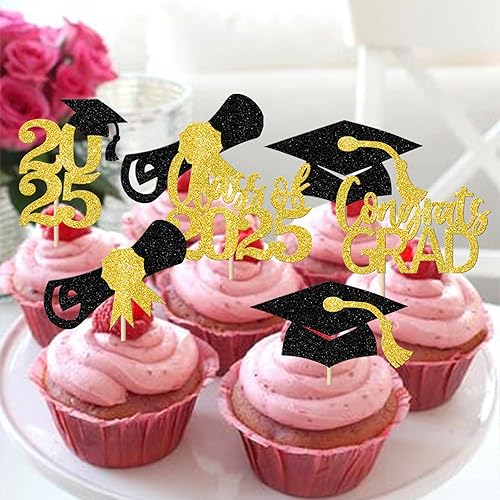 Miniatura 47 de Paquete de 24 adornos dorados para cupcakes de graduación 2025 con purpurina So Proud of You Done Diploma Graduation Cap Cupcake Picks Class of 2025