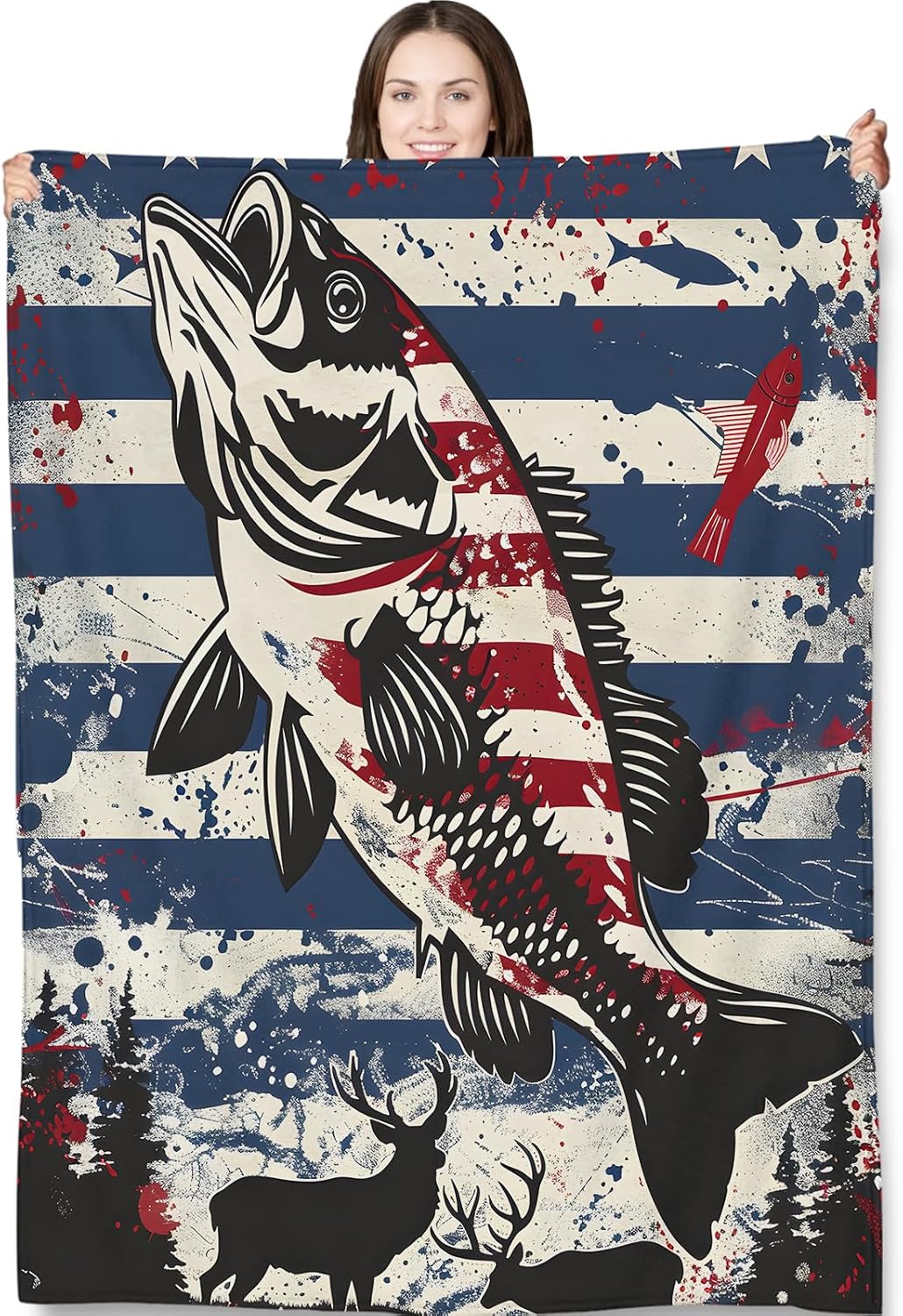 Patriotic Fishing Throw Blanket for Adults Kids, 50x60 in, American Flag Striped Bass Theme Flannel Blankets for Bedroom, Couch, Travel, Home Decor, Fuzzy Soft Cozy Warm Gifts