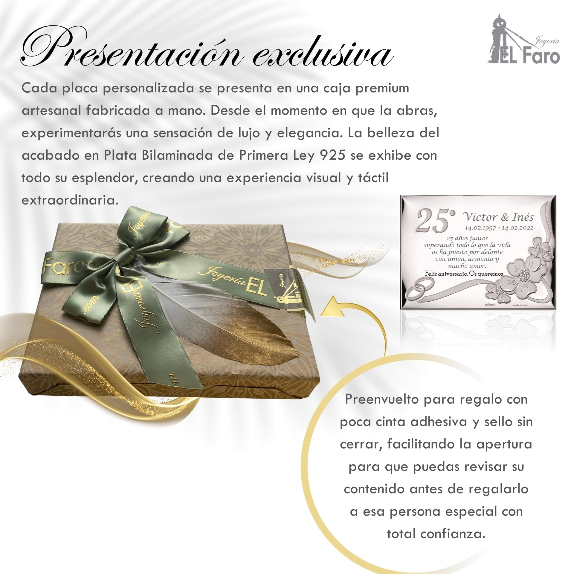 JOYERÍA EL FARO | Placa aniversario | Placa aniversario de bodas | Grabado personalizado | Presentación en estuche premium | Celebra vuestros años de amor juntos | Disponible en 2 tamaños