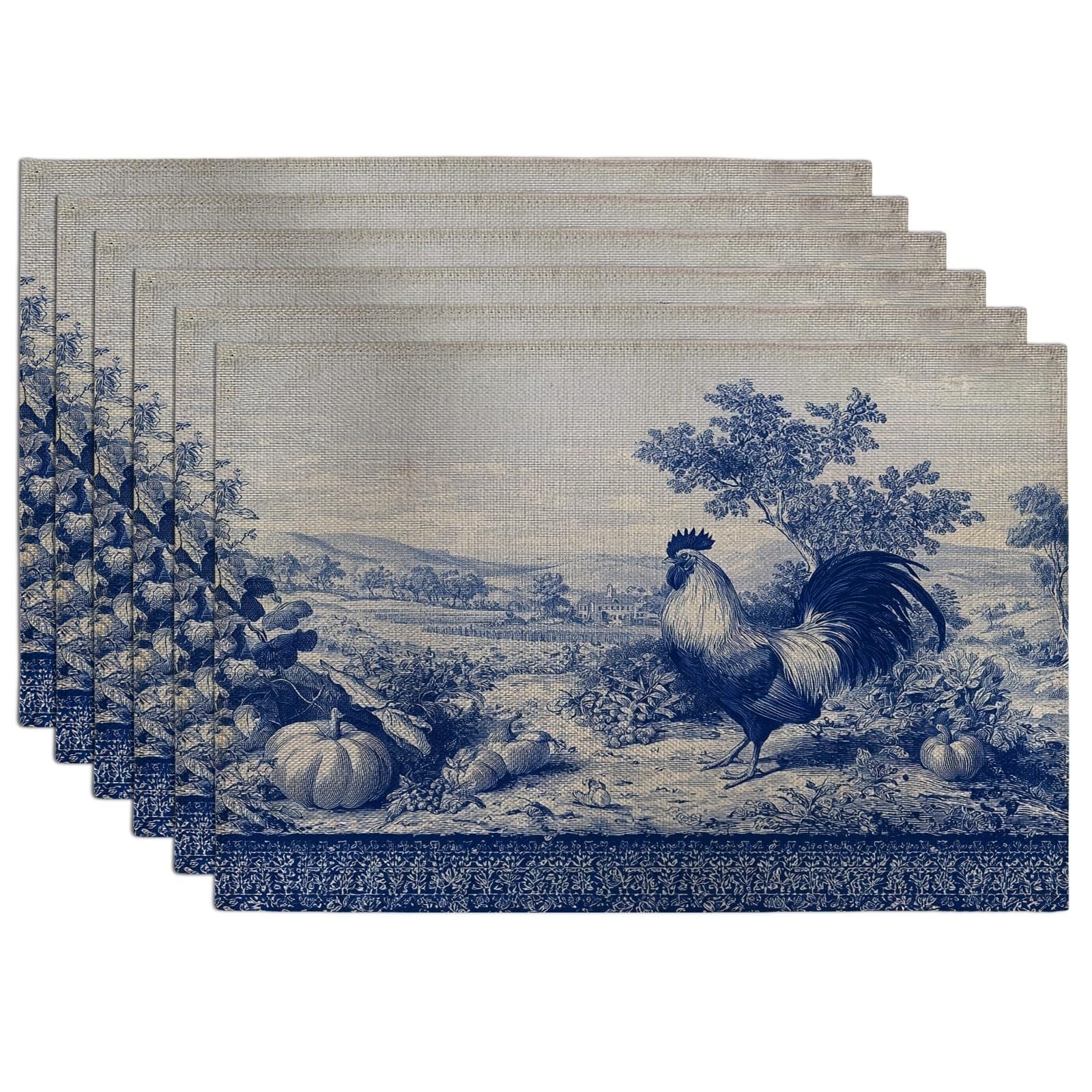 Autumn Blue Rooster Placemats, Navy Farmhouse Decorative Place mats for Dining Table, Non-Slip Washable Indoor Outdoor Party Tableware Set of 6