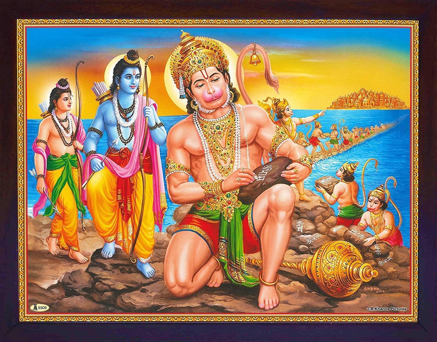 Handicraftstore Hanuman Writing Ram Ram on Mountain Stones to Cross The sea, Print with Frame for Home and Gift Purpose