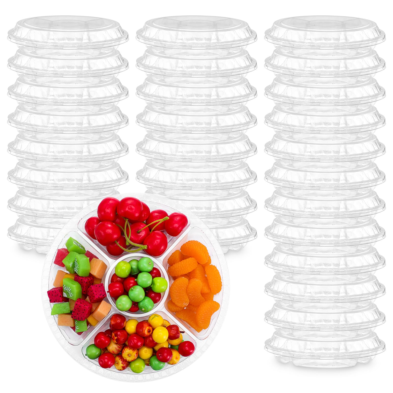 Bandeja desechable para aperitivos con tapa, 9.5 pulgadas, 5 compartimentos, paquete de 30, recipiente redondo transparente para alimentos para fiestas