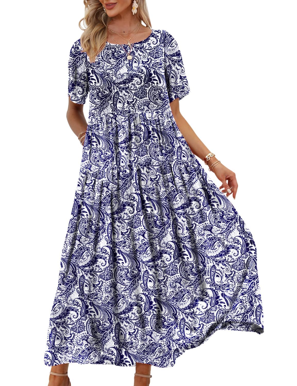YESNO EJFDE Women's Casual Loose Summer Dress, Long Boho Round Neck Maxi Dress, Beach Dress, Flower Dress
