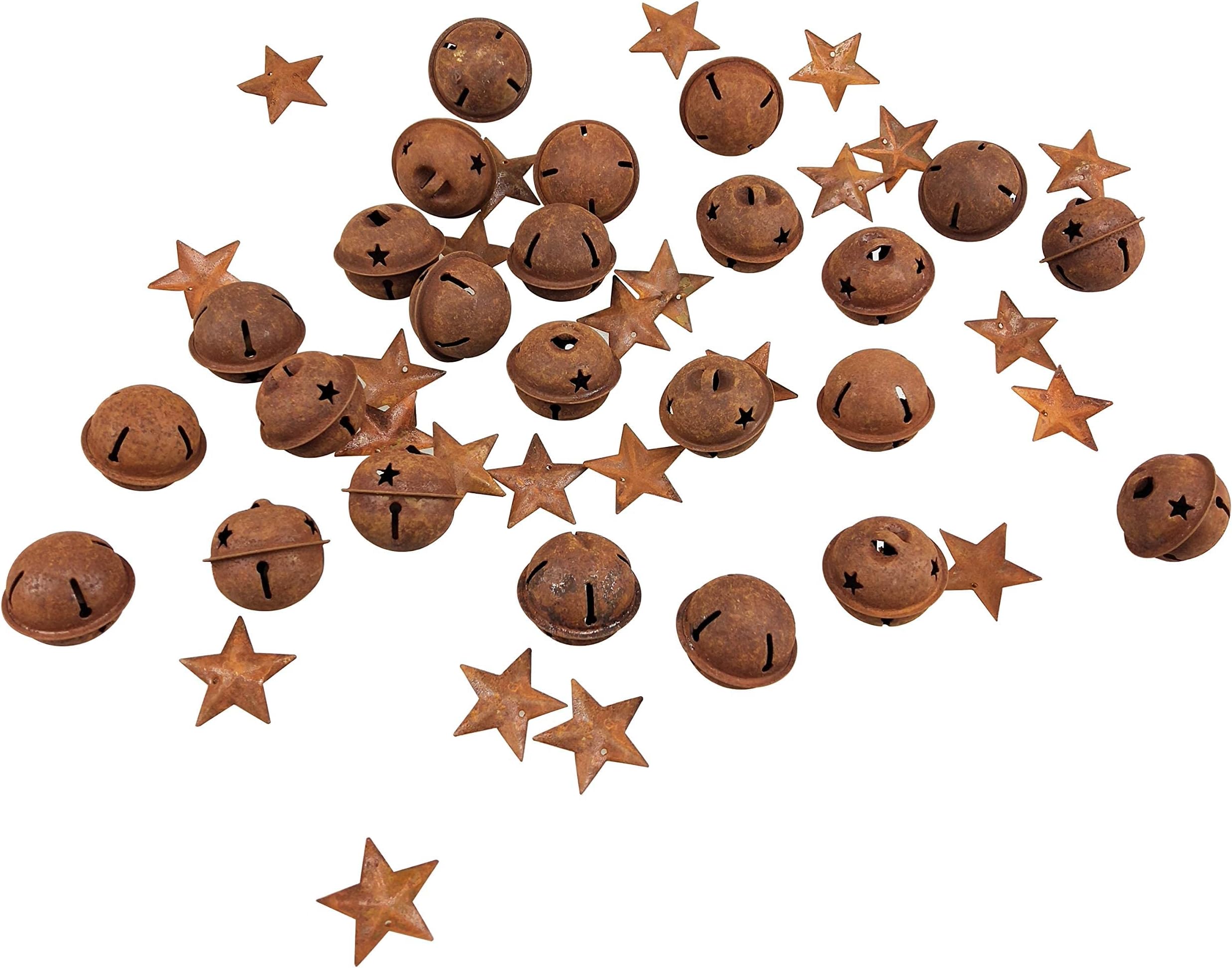 48 Pcs Rusty Craft Jingle Bells with Star Shaped Cutouts Includes 24 pcs Rusty Stars with a Hollow for Christmas Holiday Home Party Decor