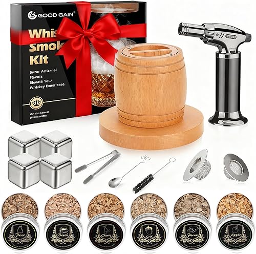 G GOOD GAIN Kit de ahumador de whisky con antorcha, kit de ahumador de cóctel antiguo con chips de madera de 6 sabores, juego de infusor de bebida