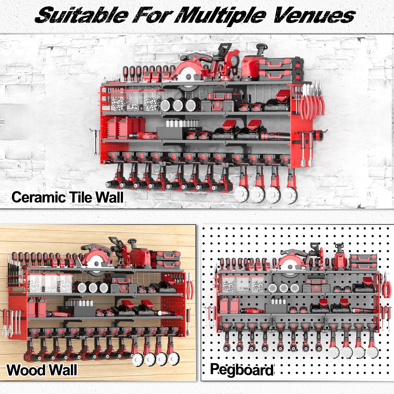 Rangement pour outils électriques,porte-outils pour 4 perceuse électrique,en métal lourd, avec support de tournevis latéral pour garage atelier,12 Porte-forets