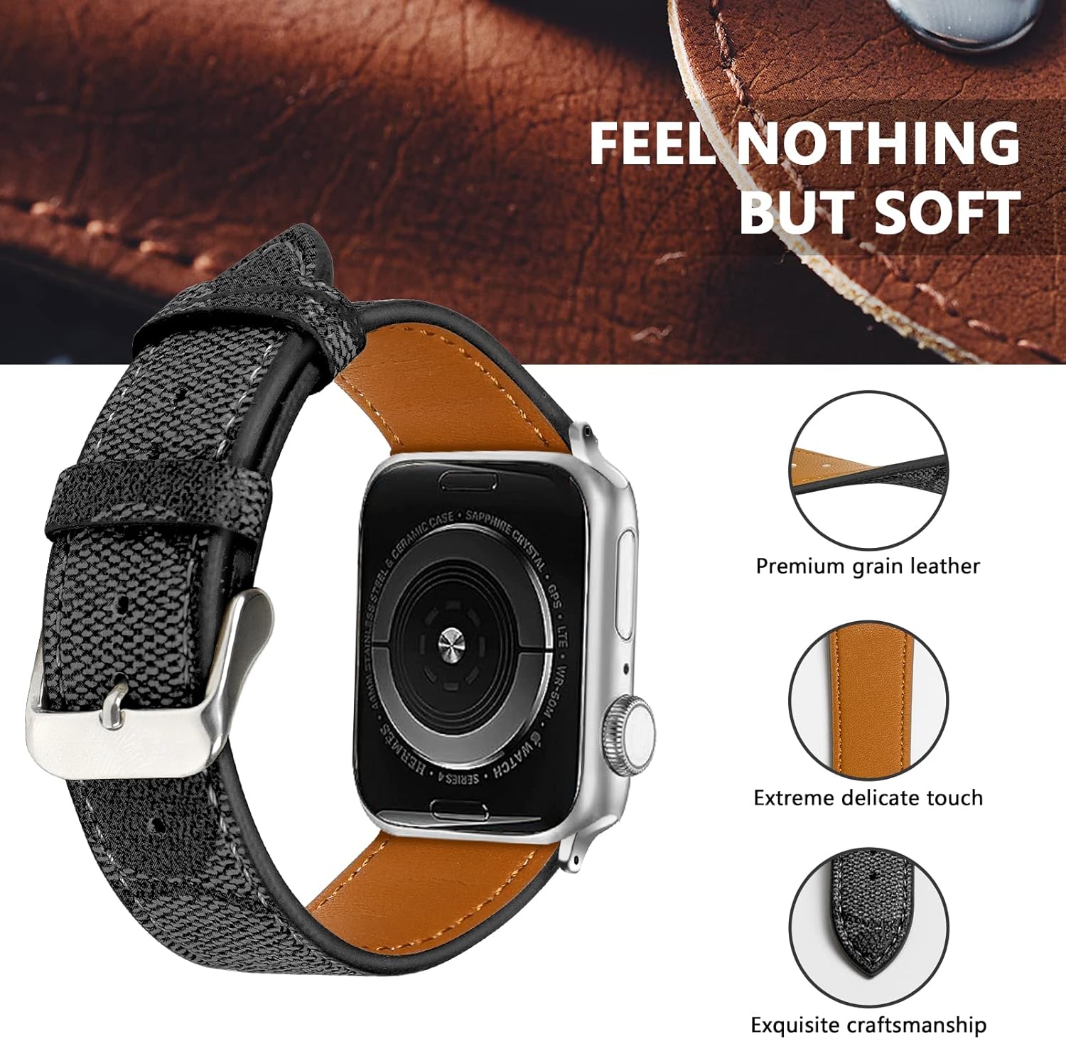 REYUIK Leather Band Compatible with Apple Watch iWatch 38mm 40mm 41mm 42mm 44mm 45mm 49mm Women Men, Luxury Designer Leather Wristband for iWatch Ultra/Ultra 2 Series 9 8 7 6 5 4 3 2 1 SE SE2 - Image 2