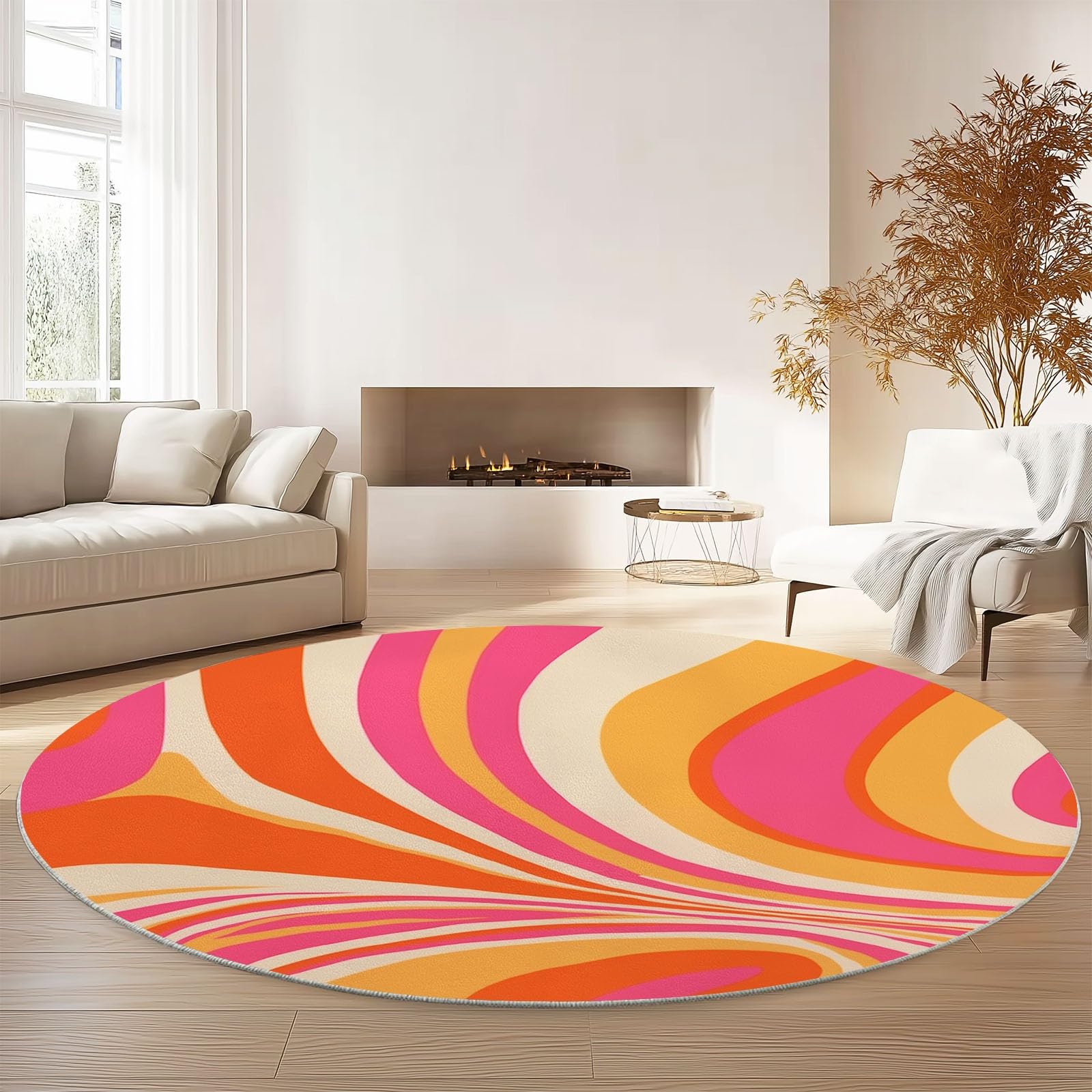 Teppich rund,Outdoor Psychedelische Welle Orange Pink Waschbarer Teppich Rund 120 cm (Round) Rutschfester Kurzflor Carpet Living Room Bedroom Esszimmer Büro Orange Pink