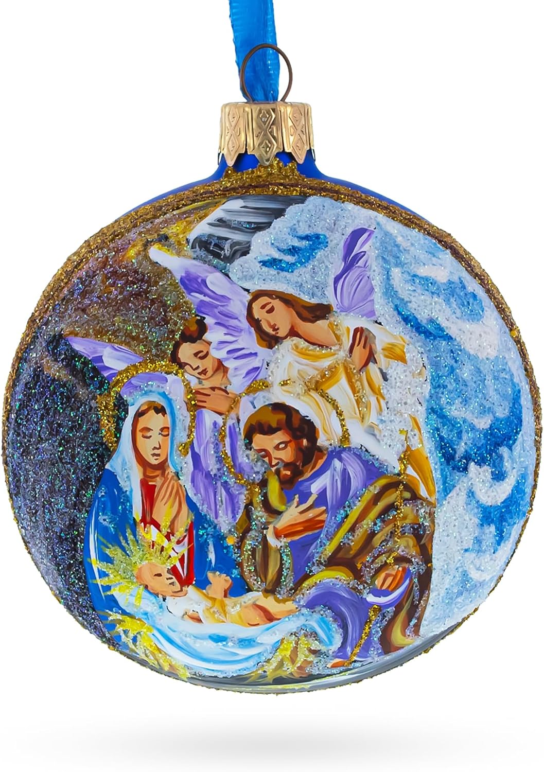 Divine Angels Admiring Jesus Nativity Scene Glass Ball Christmas Ornament 3.25 Inches
