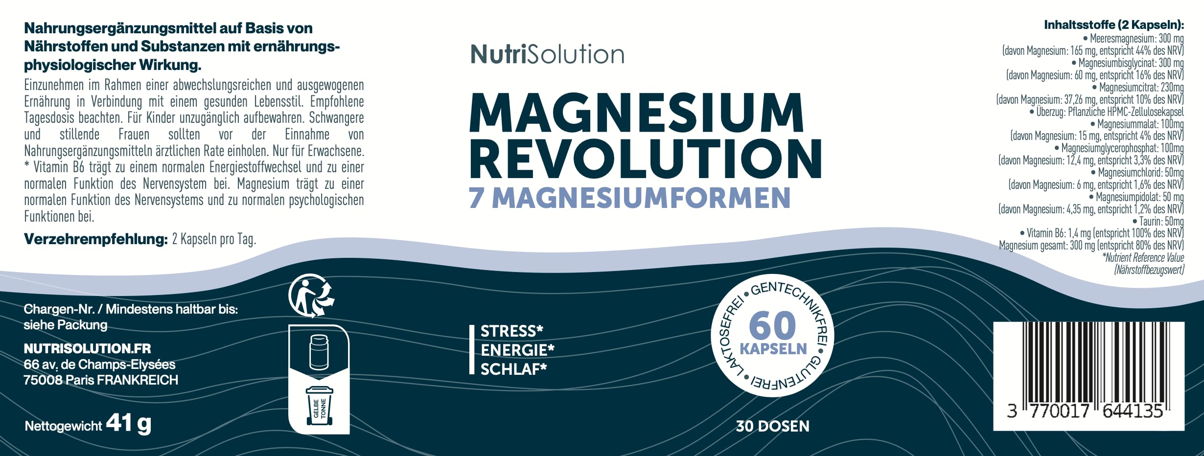 Magnesium Revolution von NutriSolution I Magnesium-Marin, Magnesium-Bisglycinat, Magnesiumcitrat, Vitamin B6 I Stressabbau, Energie, Schlafqualität I 60 Kapseln I 30 Tage Vorrat I Made in France