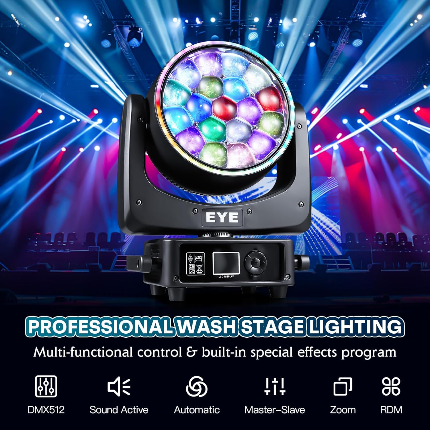 Image displaying various control options: DMX512, Sound Active, Automatic, Master-Slave, Zoom, and RDM.