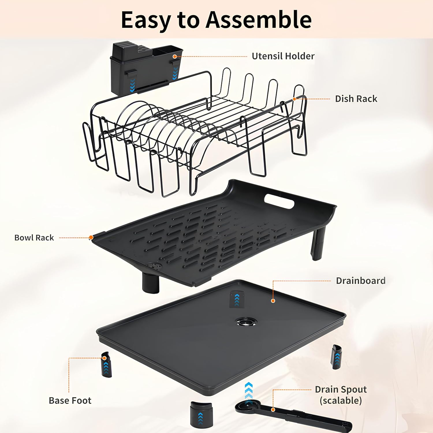 Large Dish Drying Rack, Dish Rack for Kitchen Counter, Extendable Dishes Drying Rack with Drainboard and Cutlery Holder, Anti Rust Dish Rack with Mug Holder, Black