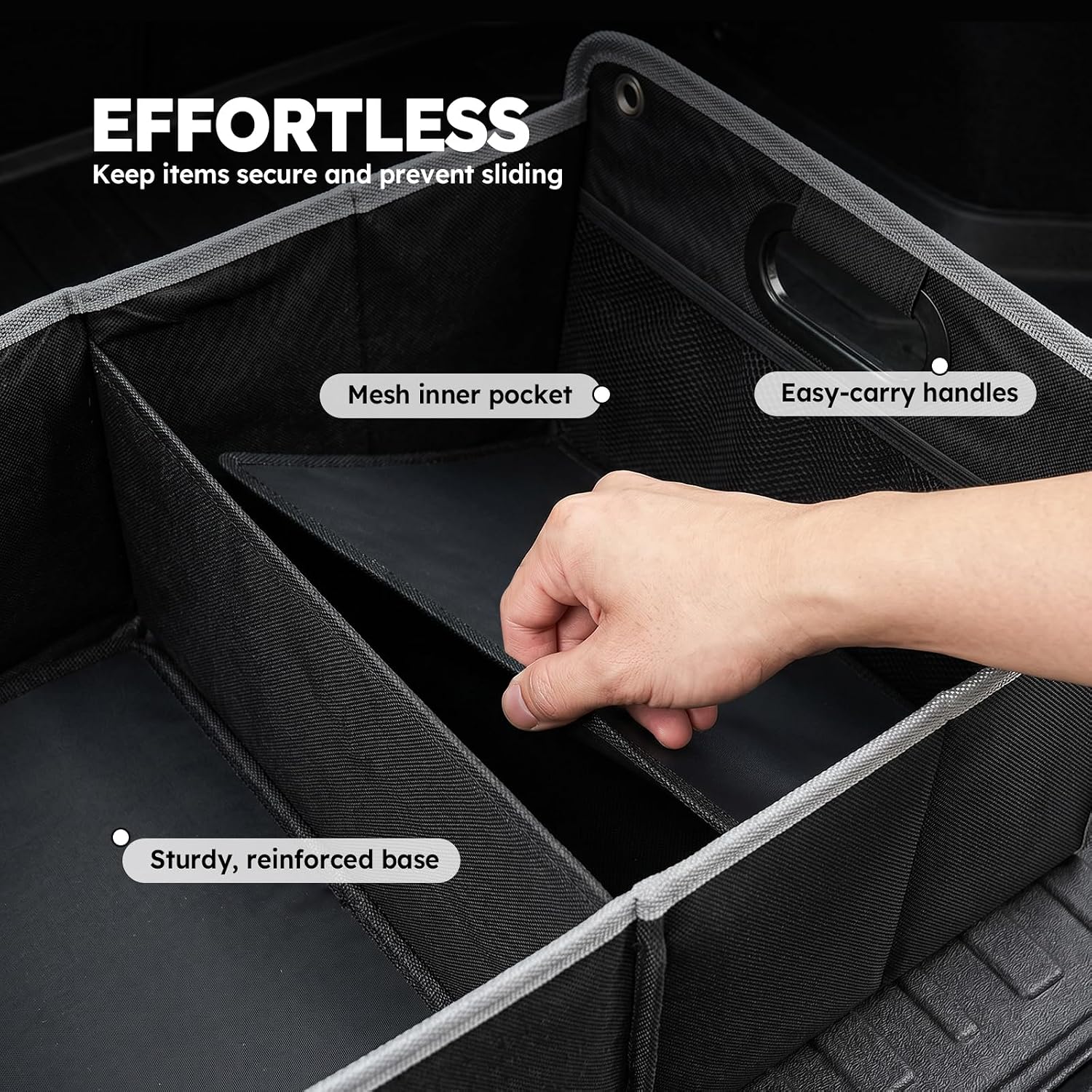 50L Car Trunk Organizer, Heavy-Duty 600D Oxford Collapsible Storage Box with 3-Compartments & Securing Straps, Foldable Organizer for SUV/Sedan/Truck, Car Accessories Storage