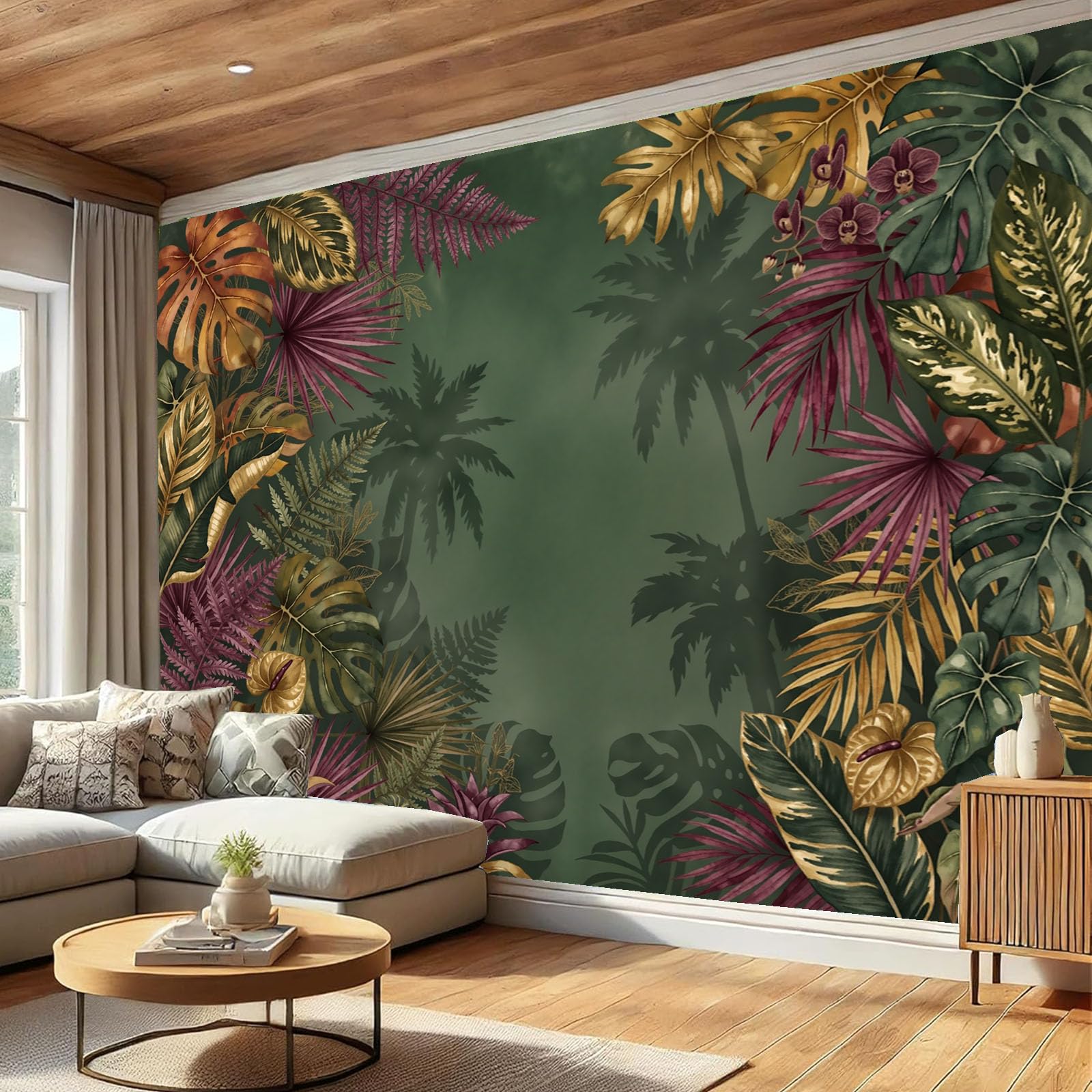 Carta Da Parati Effetto 3D Piante tropicali di lusso 300x210cm Fotomurali seta, Orchidea a foglia di banana Uccello del paradiso Decorazione Poster Arte Murale Moderna per Casa Ufficio