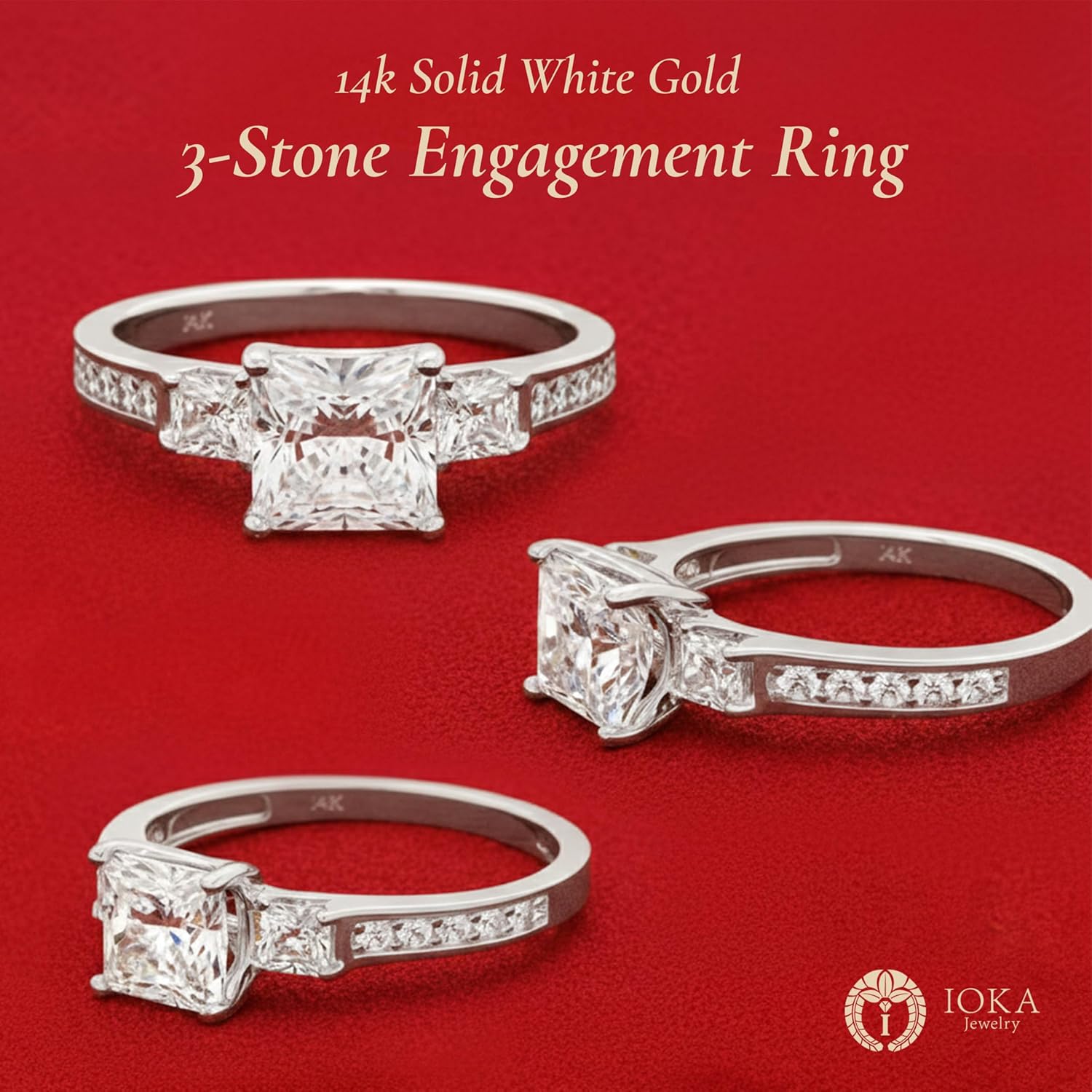 Ioka - 14K Solid White Gold 1.5 Ct. Princess Cut 3 Stone CZ Engagement Ring With Stones in Band - Size 4 - Image 7