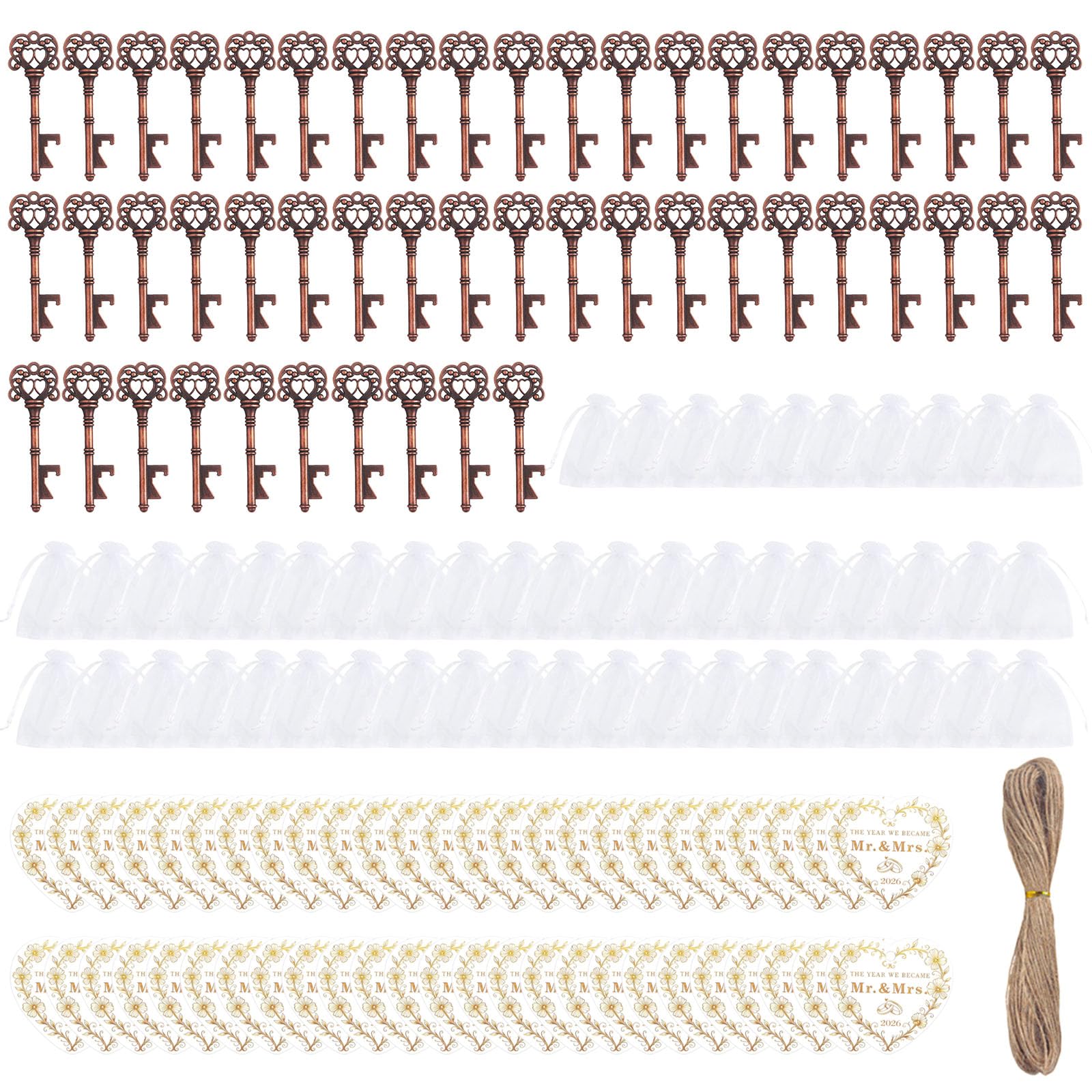 OSNIYAW 50Pcs Retro Shape Metal Bottle Openers with Organza Bag and Hanging Label for Wedding Anniversary Bridals Shower Bottle Opener Set