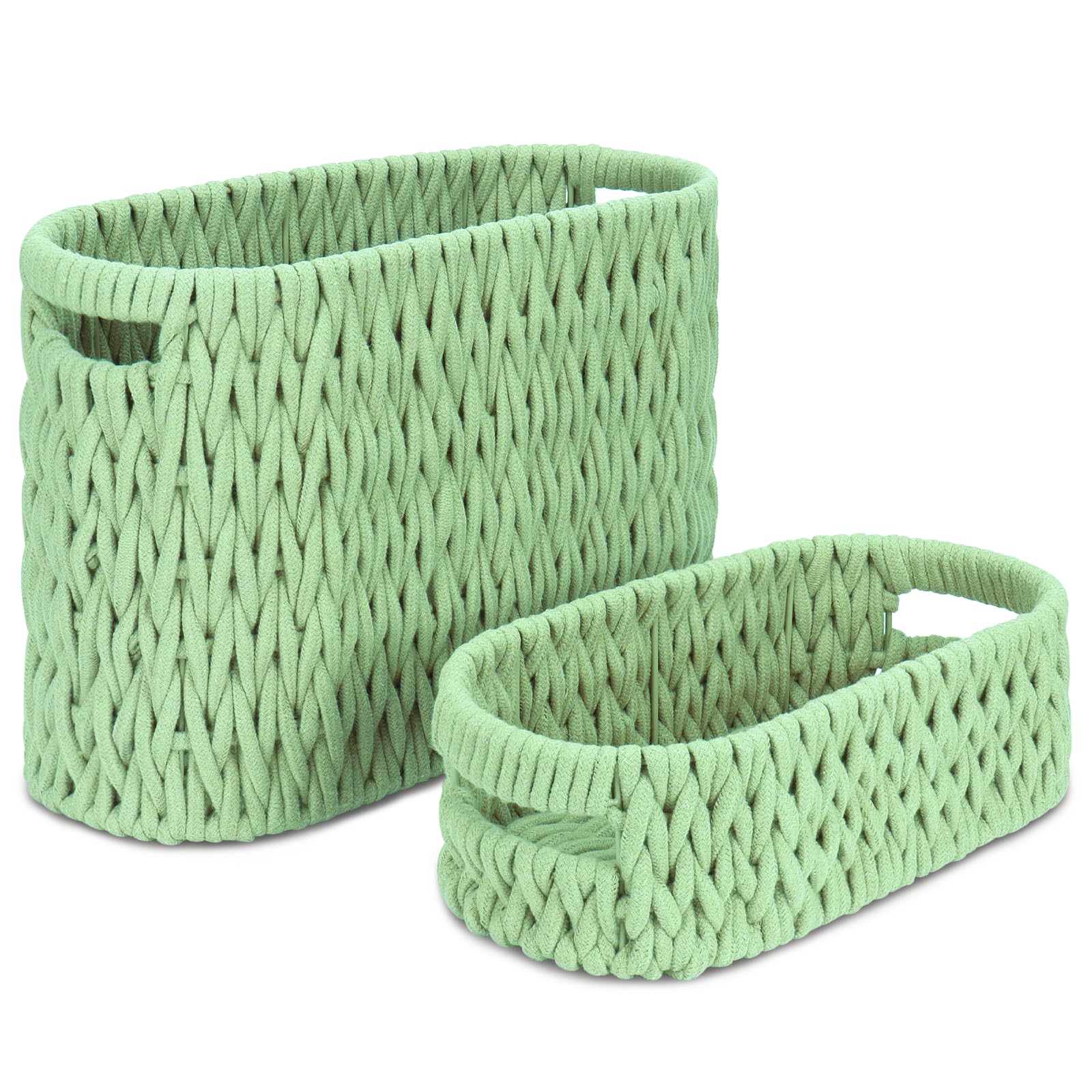 Boho Toilet Paper Storage Baskets, Cotton Rope Woven Bathroom Basket Set of 2, Standing Toilet Paper Holder for 6 Mega Rolls,Storage Bins for Toilet Tank Top, Bathroom Organizer Decor (Green 2 Pack)