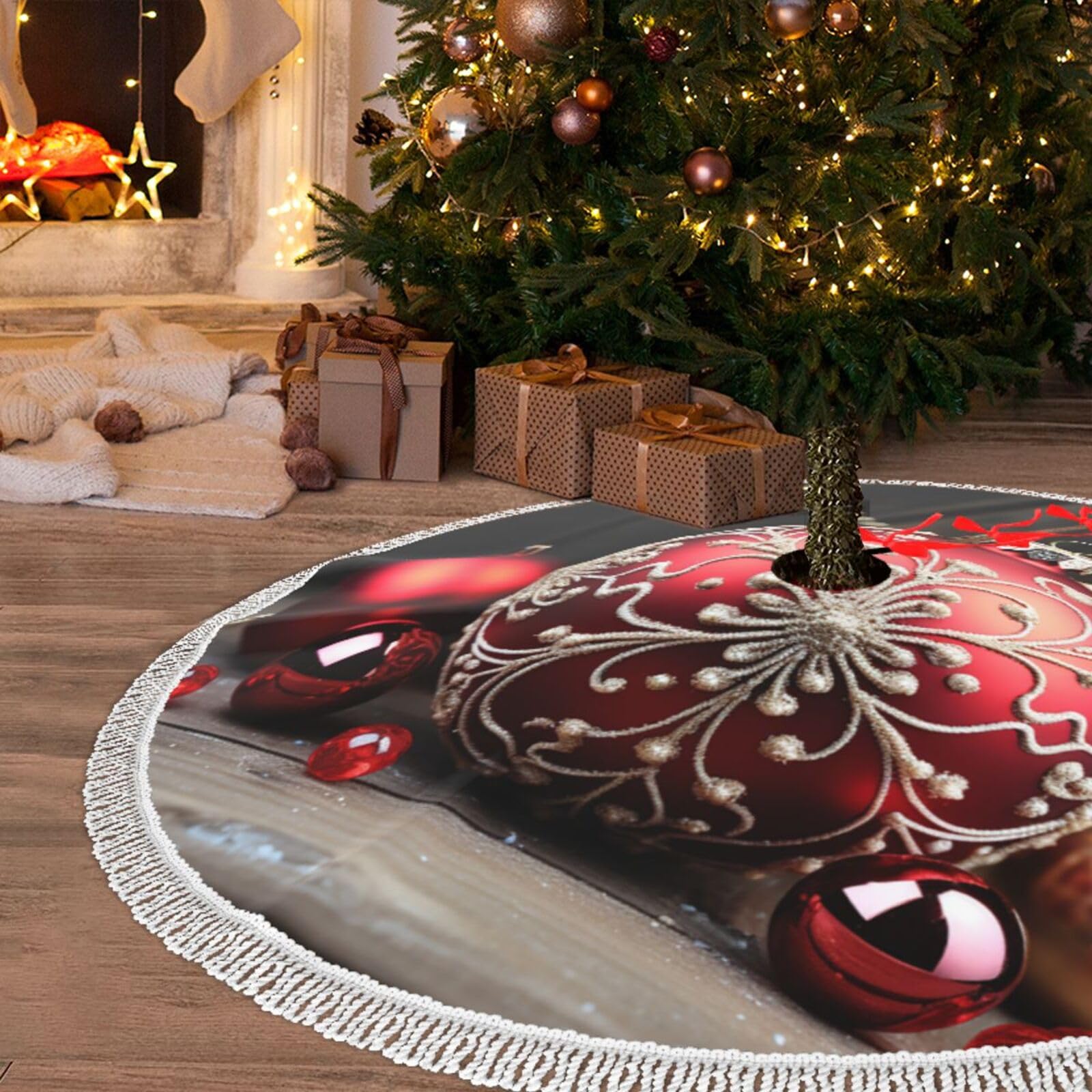 Jupe de sapin de Noël 122 cm avec pompons pour décoration de fête