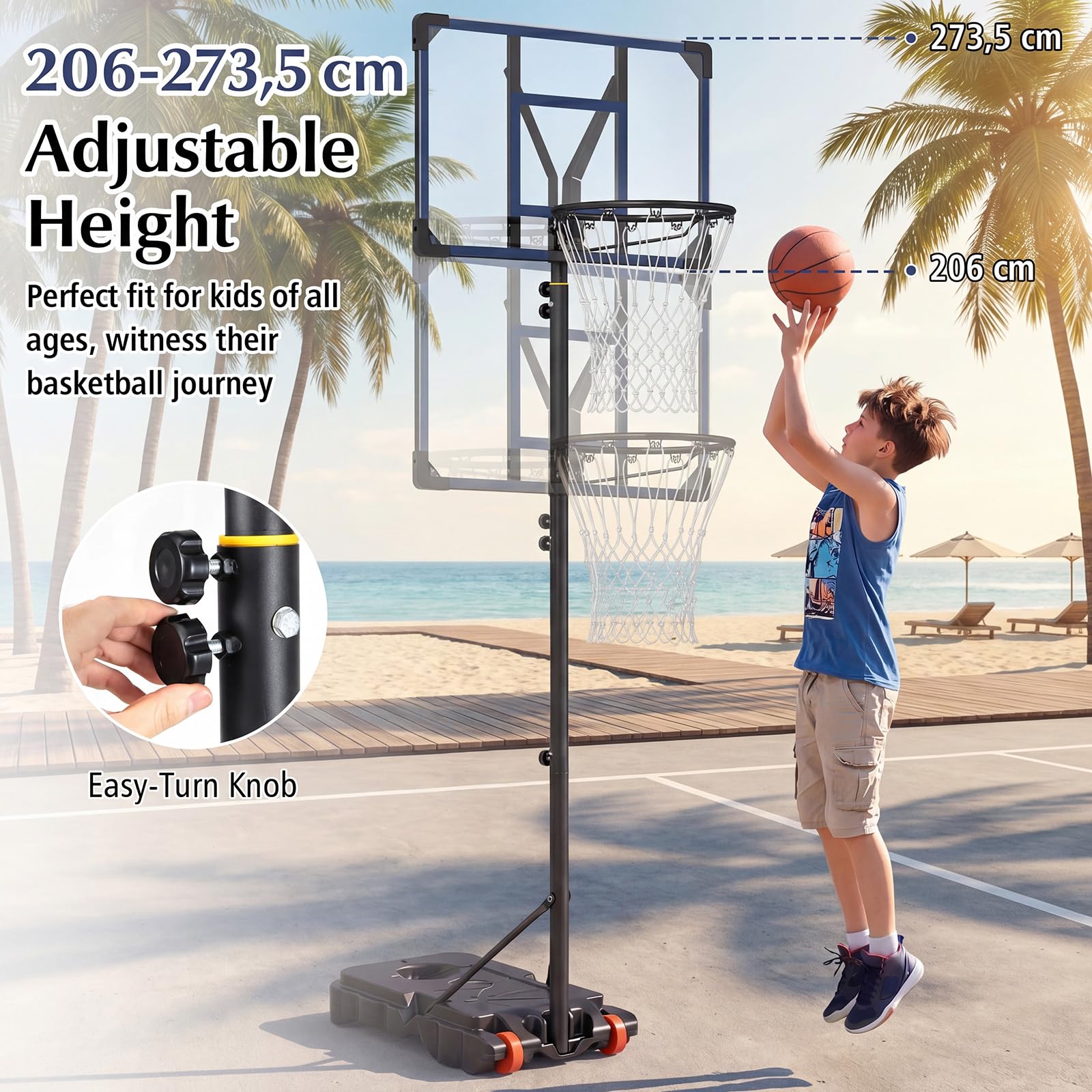 LIFEZEAL Cestino da basket portatile, altezza regolabile, cestino da basket con supporto, tubo centrale rimovibile e ruote, supporto da basket con base 32 l per esterno