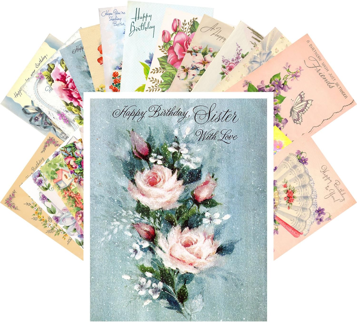 PIXILUVVintage Greeting Cards Happy Birthday 24 pcs Flowers Roses REPRINT Postcard Pack