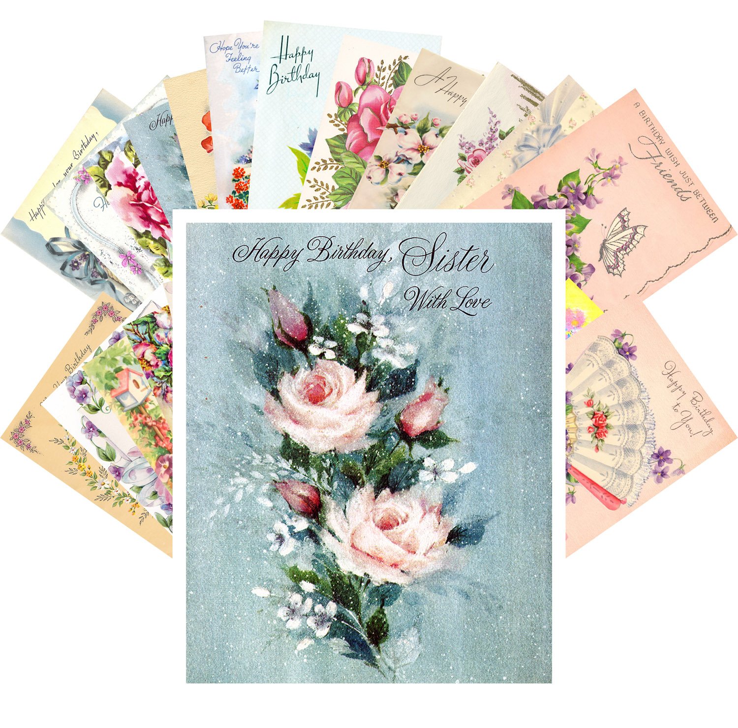 PIXILUVVintage Greeting Cards Happy Birthday 24 pcs Flowers Roses REPRINT Postcard Pack