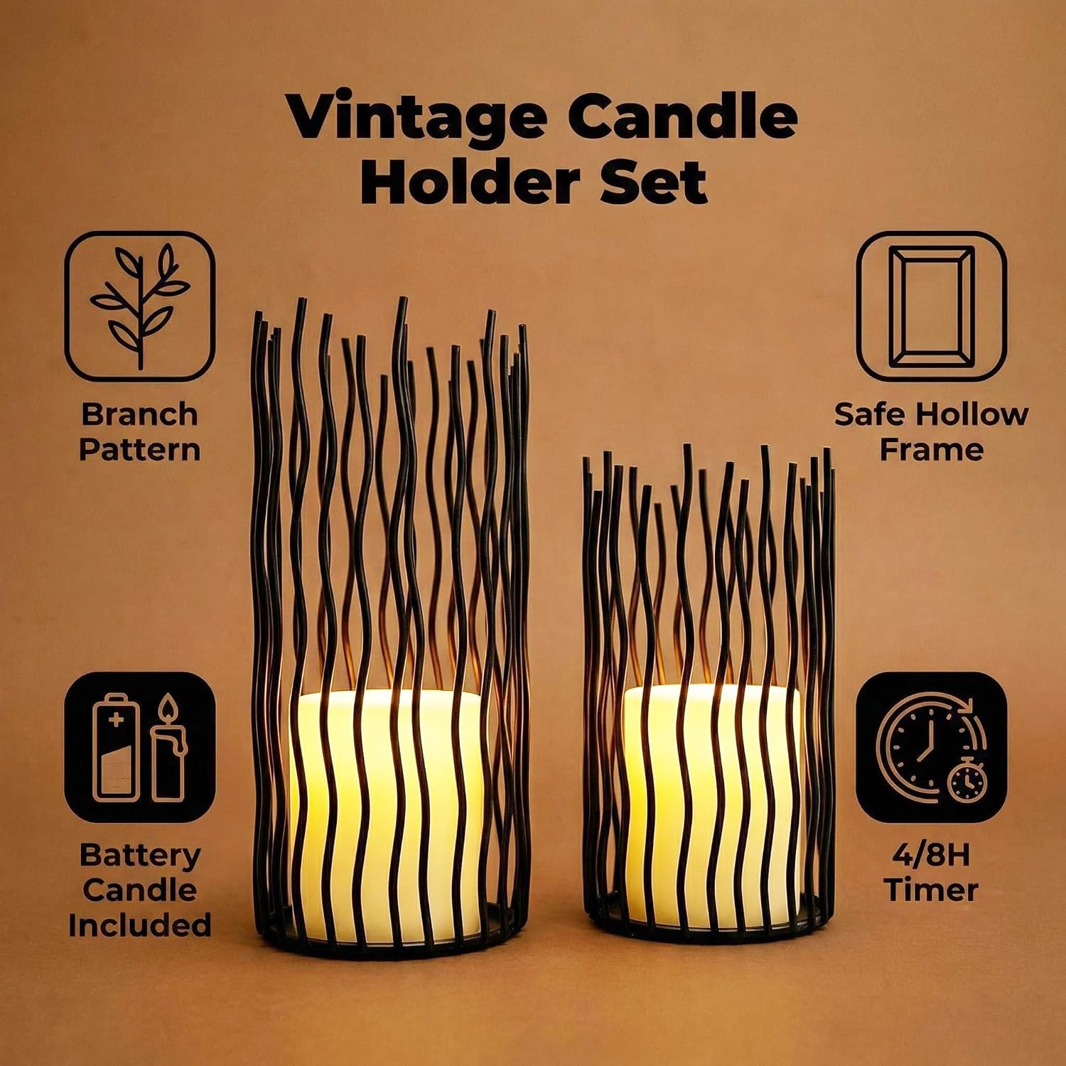8 & 10inches Height Versatile Farmhouse Black Metal Iron Wire Willow Candle Holders with Led Waterproof Candles, Cage Candlestick Holders for Pillar Candle & Plants, Home Décor (Black)