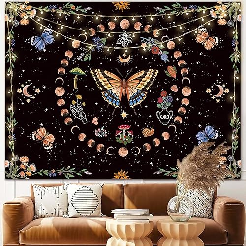 LANG XUAN Tapiz de flores de fase lunar y mariposa, diseño botánico de hongos, para dormitorio, estético, vintage, para colgar en la pared para sala