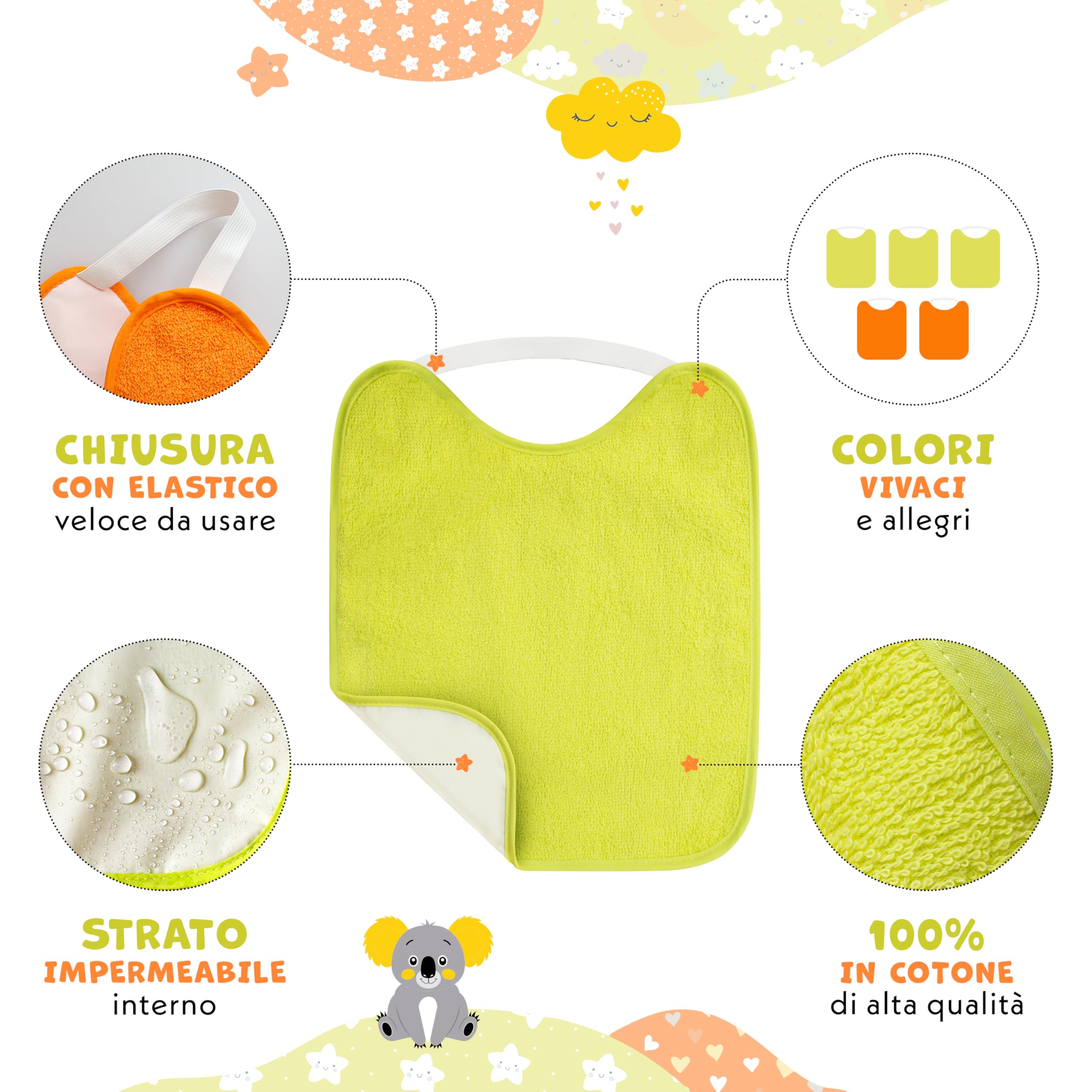 Bavaglini asilo con Elastico 5 pz Impermeabile Morbido Cotone 25x29 cm per Bambini 0-3 Anni