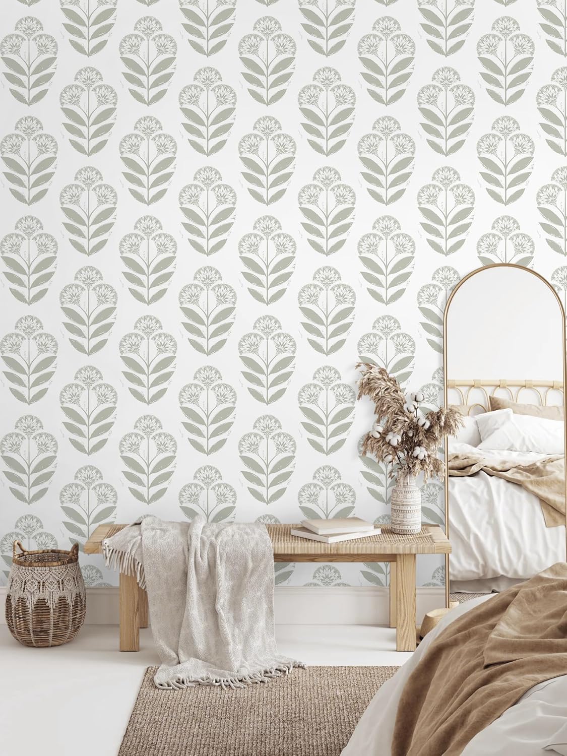 Yasinet Floral Peel and Stick Wallpaper Boho Floral Wallpaper White Vintage Farmhouse Contact Paper Beige Waterproof Self Adhesive Removable Wall Paper for Bedroom Bathroom Cabinet Viny 17.3" x 394"