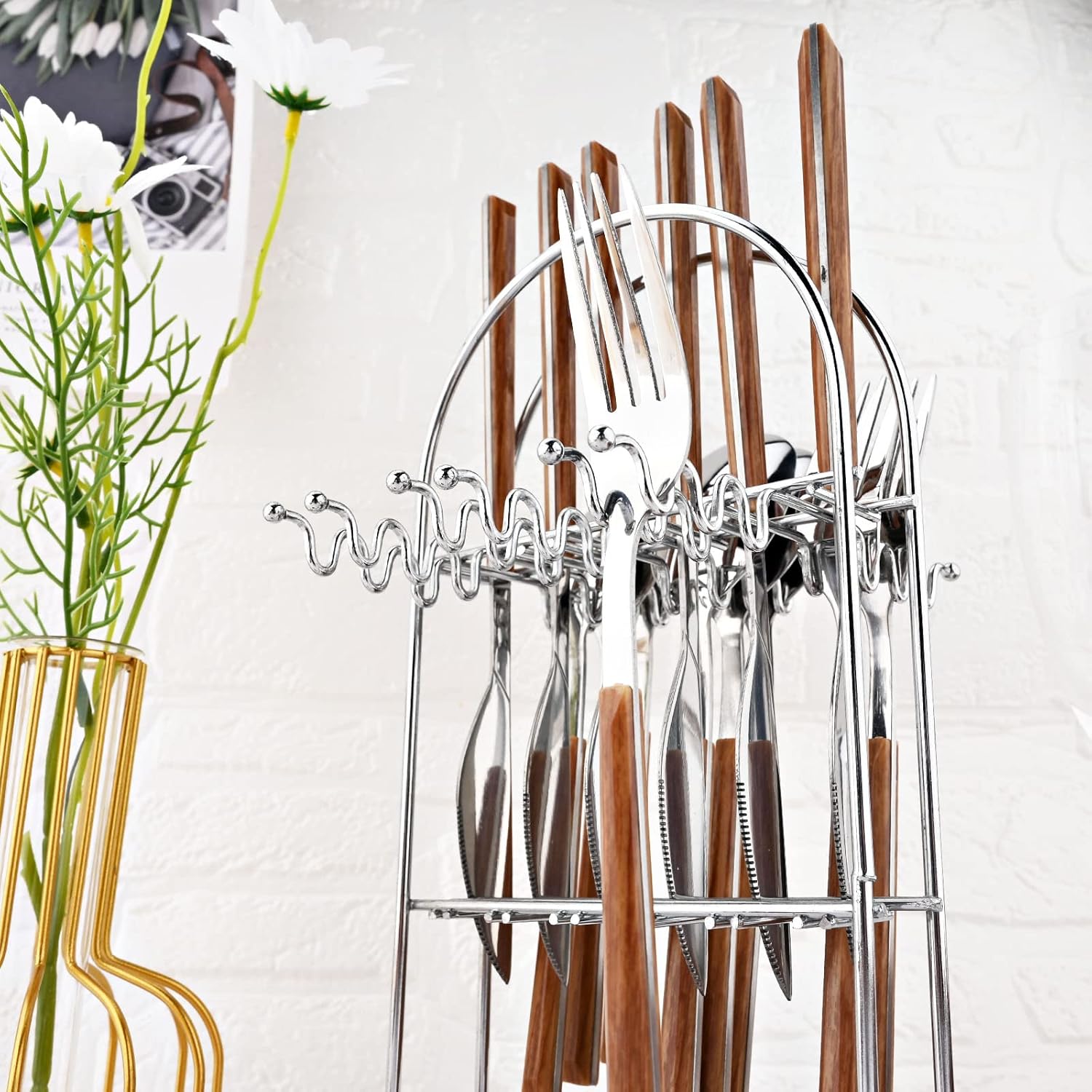 24Pcs Wooden Handle Flatware Silverware Set with Stand, Stainless Steel Cutlery Set for 6, Square Handle Eating Utensils, Mirror Polished Knife Fork Set