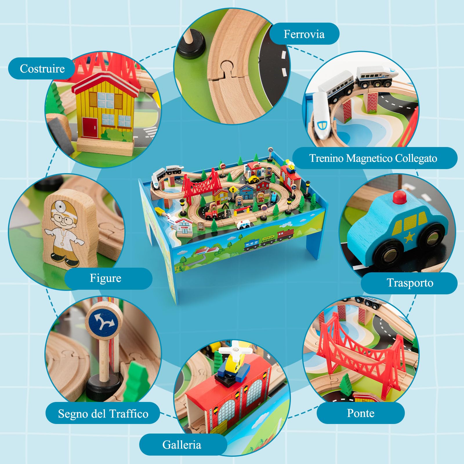 GYMAX Tavolo e Set Ferrovia in Legno, Set Gioco Colorato da 80/84 Pezzi con Piano Reversibile, Cassetto, Binari, Treni, Figure, Macchinine, Tavolo Giocattolo Educativo per Bambini 3 Anni+ (Stile 2)