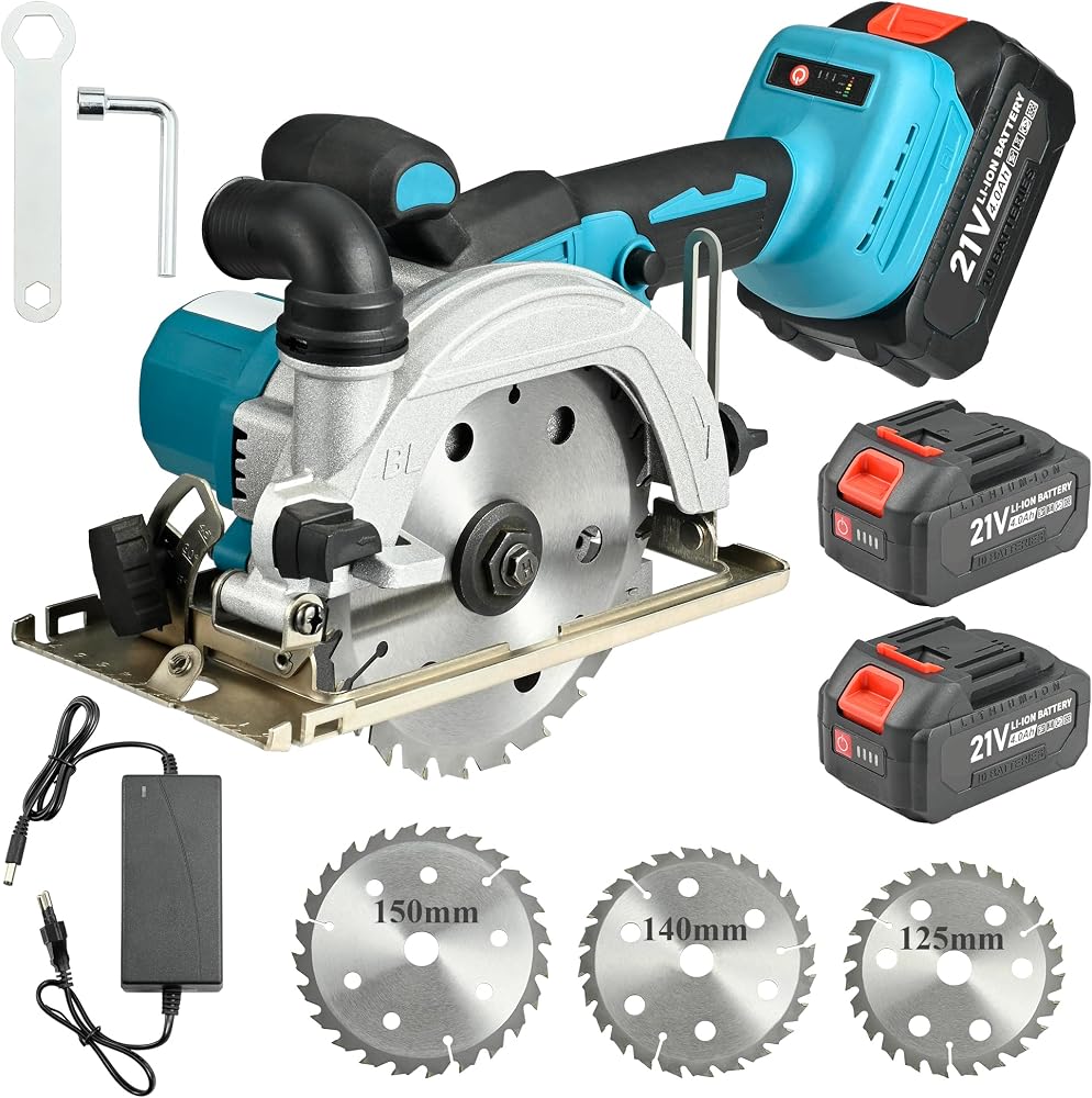 Scie Circulaire sans Fil Brushless, Mini Scie avec 2 Batteries 4000mAh, 3 Lames (125/140/150mm), Profondeur de Coupe 48mm, Inclinaison 0-45°, Idéale pour Bois et DIY