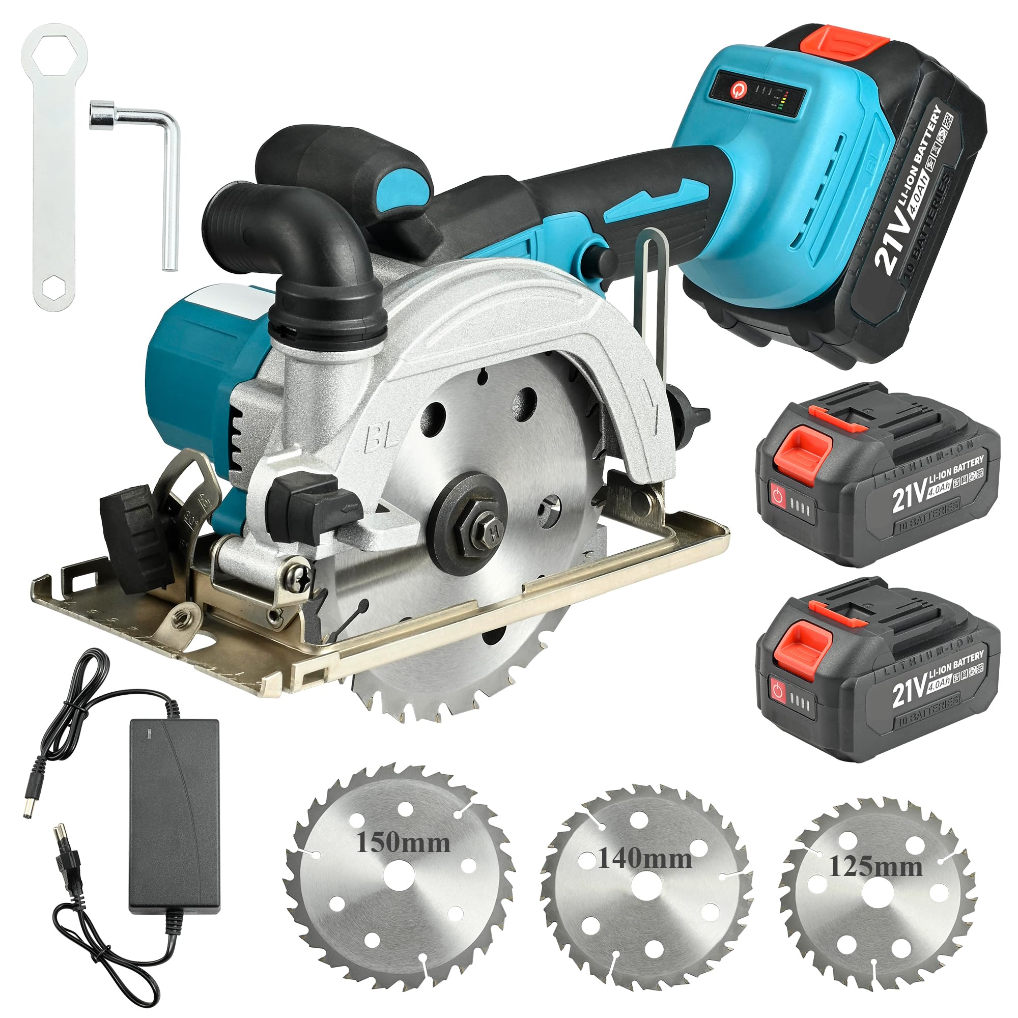 Sega Circolare a Batteria Brushless, Mini Sega Circolare Senza Fili con 2 Batterie da 4000mAh, Incluse 3 Lame (125mm/140mm/150mm), Profondità di Taglio 48mm, Ideale per Legno e Fai-da-te