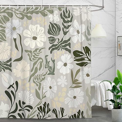 Miniatura 16 de Cortina de ducha botánica floral bohemia, bonita cortina de baño abstracta de mediados de siglo, flores modernas de mediados de siglo, primavera y