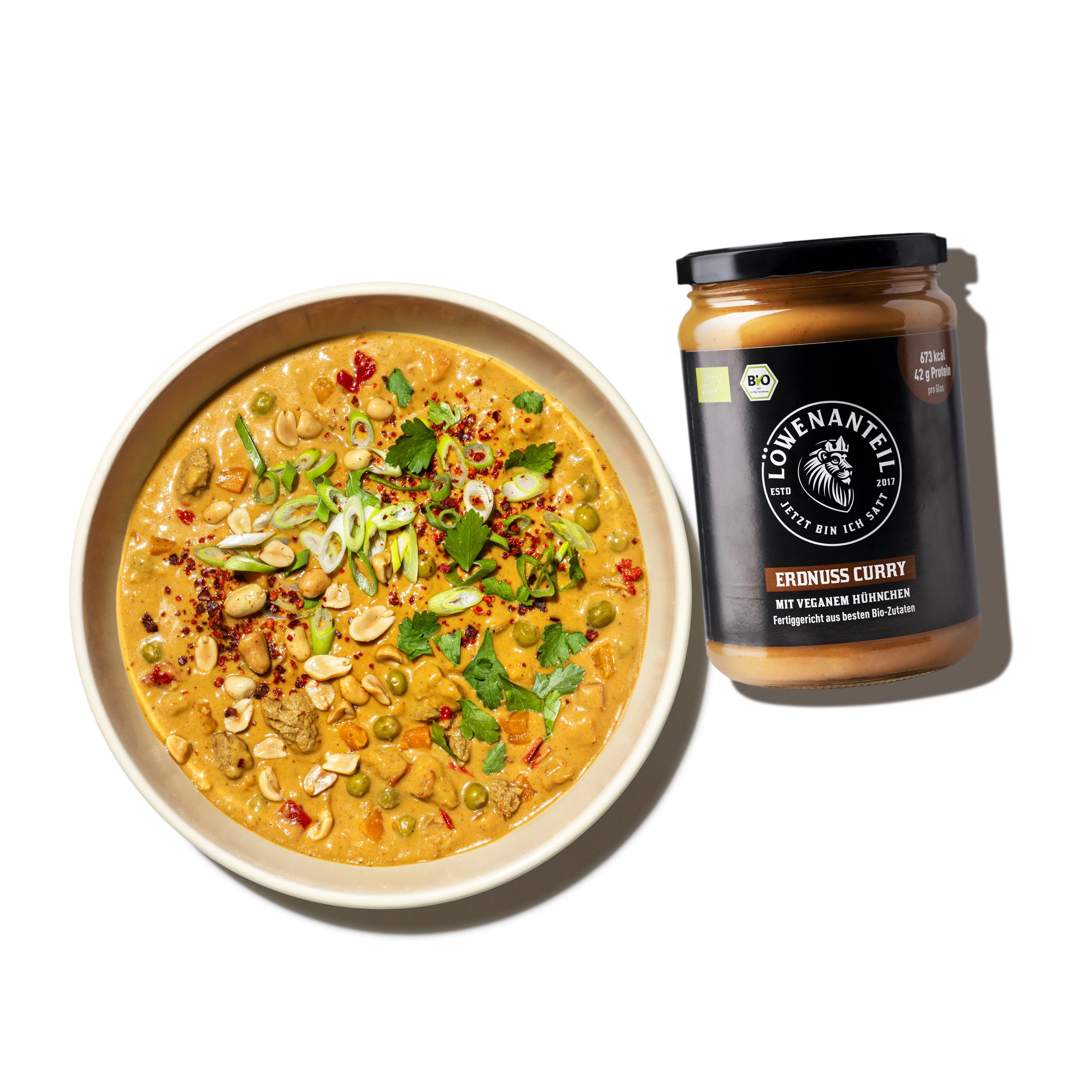 Löwenanteil - 100% Bio-ERDNUSS CURRY - 570g Glas - Proteinreiches Bio-Fertiggericht mit veganen Hühnchen & cremiger Erdnussbutter - Eintopf ohne Zuckerzusatz & Glutenfrei