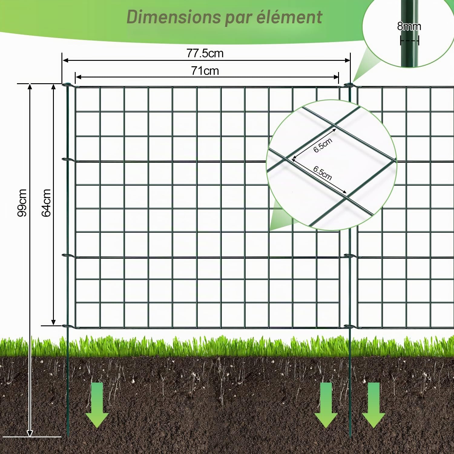 Clôture d'étang clôture de jardin en métal enclos ouverts clôtures grillagées enclos pour lapins clôture pour chiens étang 22 pièces 10 éléments de clôture et 12 barres de fixation (droites)