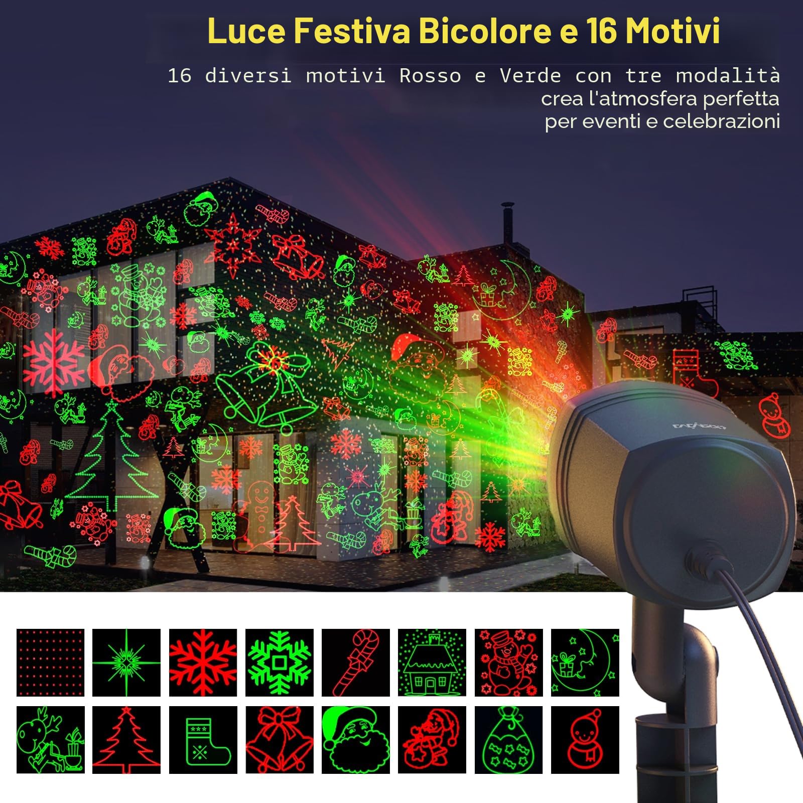 Proiettore Luci Natale per Esterno con Telecomando, Proiettore Natale con Rosso e Verde 16 Motivi di Decorazione Natalizia, IP65 Impermeabile per Decorazioni da Giardino per Feste in Cortile