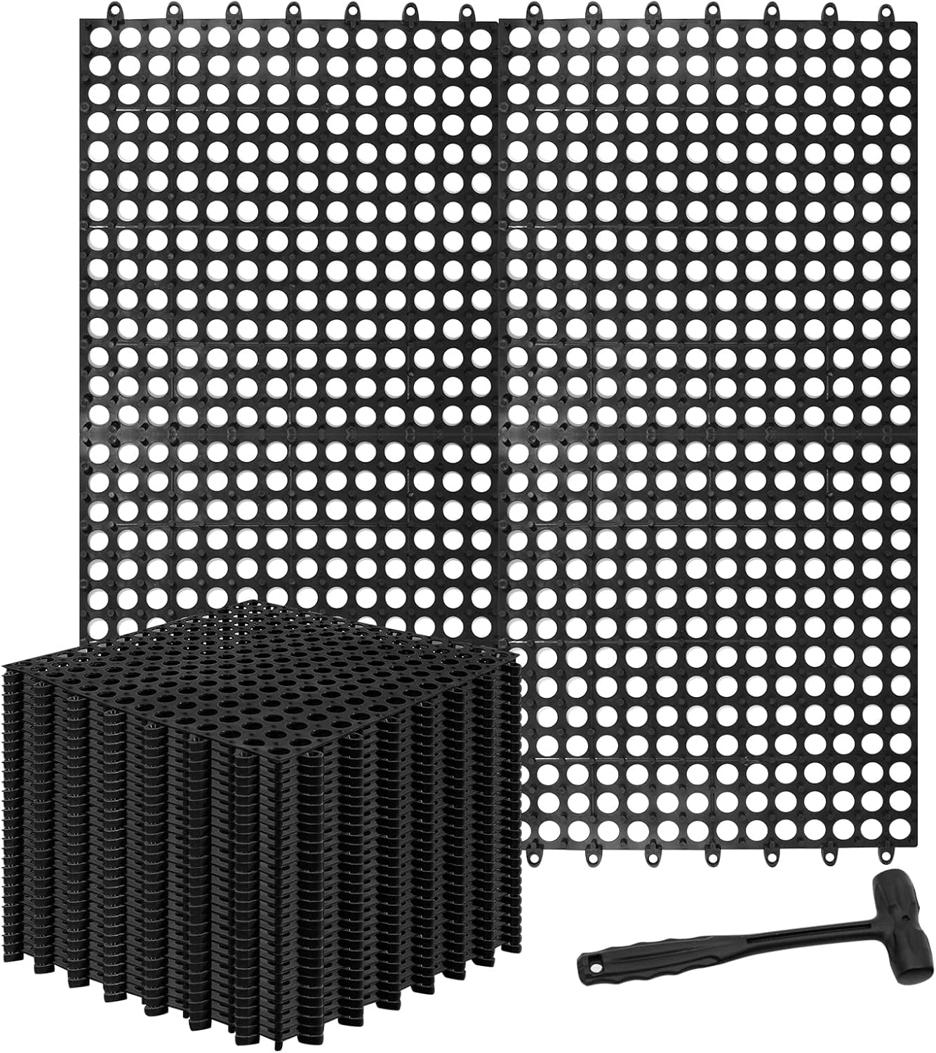 30 Pack Drainage Interlocking Tiles, 12”x12” Modular Interlocking Floor Tiles with 1 Pc Plastic Hammer Non Slip Rubber Floor mat with Holes for Pool Bathroom Deck Kitchen Patio