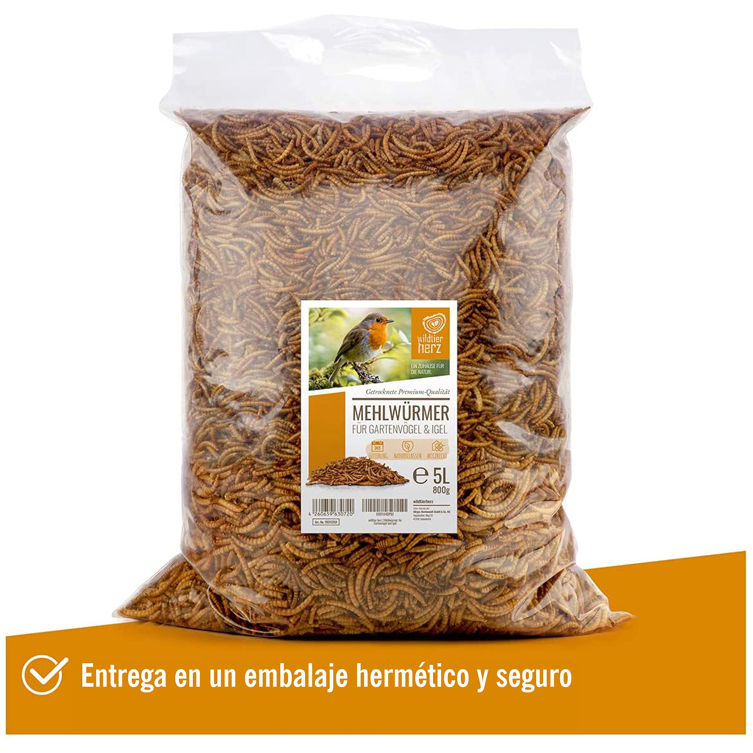 Corazón Animal Salvaje I Noble Gusanos de la harina, seco 5 litros I Gusanos de la harina seco para pájaros y erizos I 800g