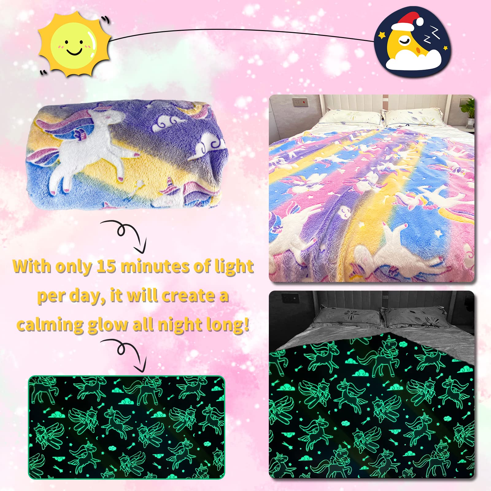 HSGLGNA Coperta per bambini, con unicorno, luce al buio, morbida coperta in flanella, per ragazzi e ragazze, divano (unicorno 03, 150 x 200 cm)