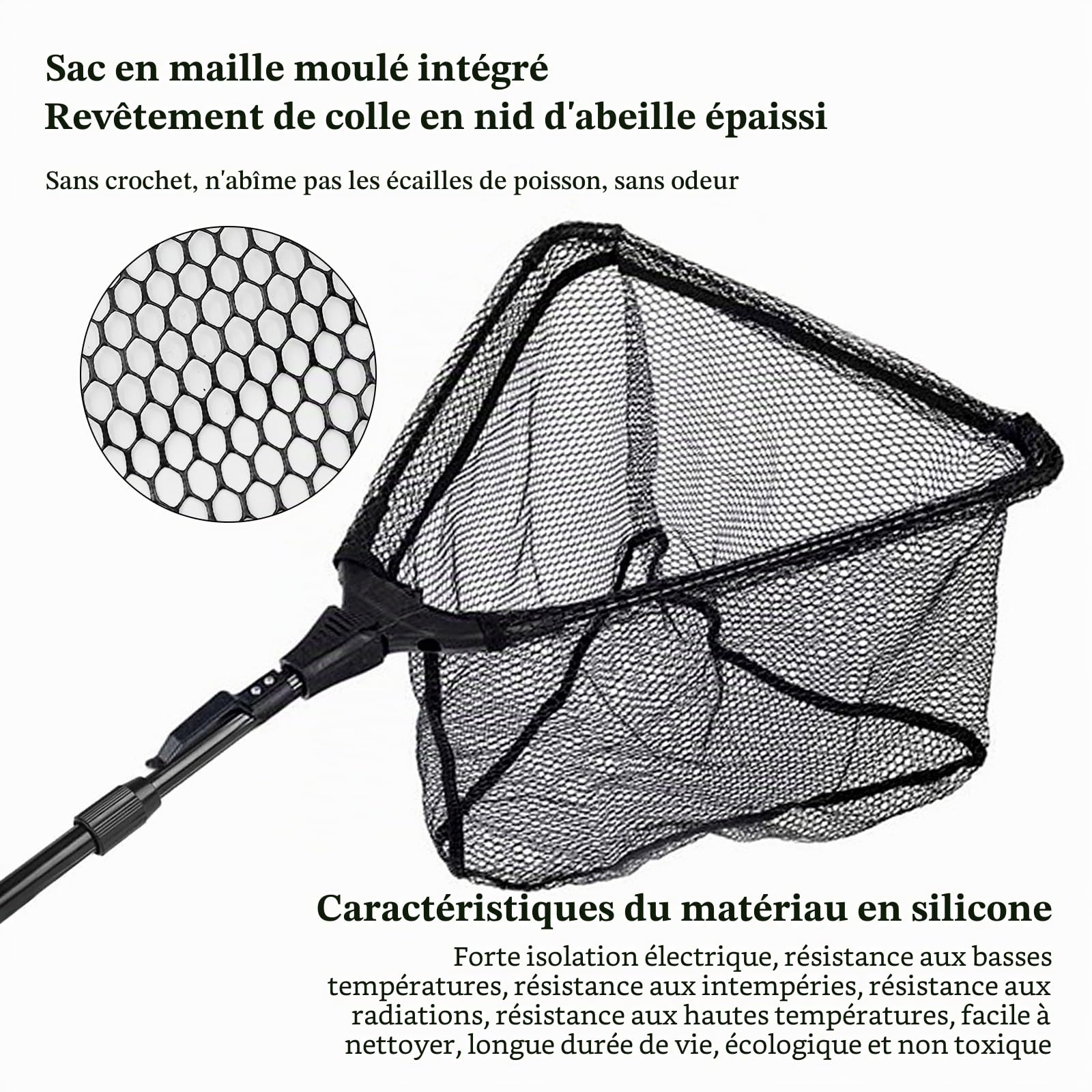 Épuisette de Pêche Pliable, Épuisette Pêche Pliable avec Poignée Télescopique, Longueur Réglable pour Kayak Salmon Chat Basse Étang et Piscine (Noir)