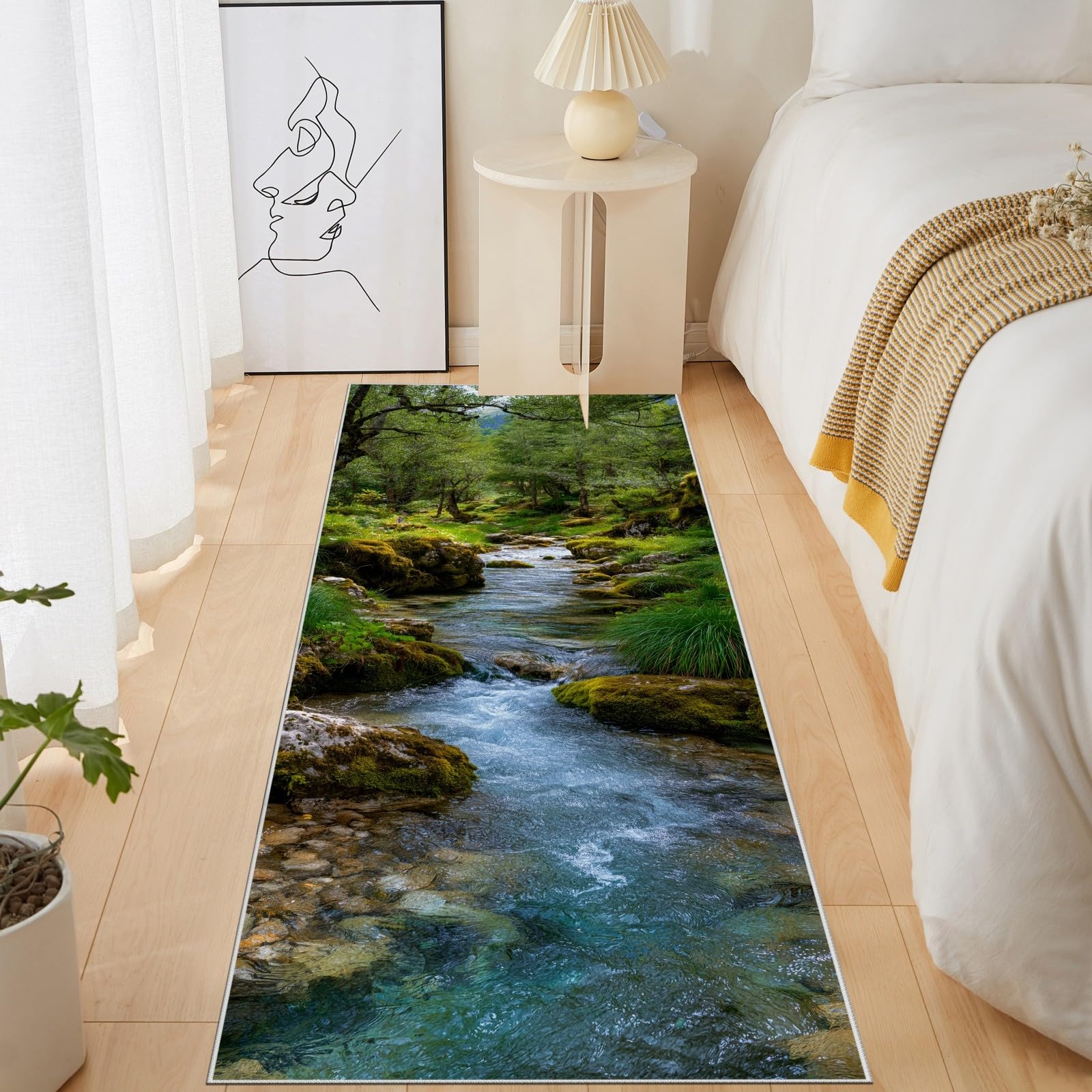 Wald Creek Teppich Läufer, Küchenteppich Moos Felsen Teppiche Waschbarer rutschfest 80x200 cm, Natur Bachtal Teppichläufer, Carpet für Flur Schlafzimmer Küche