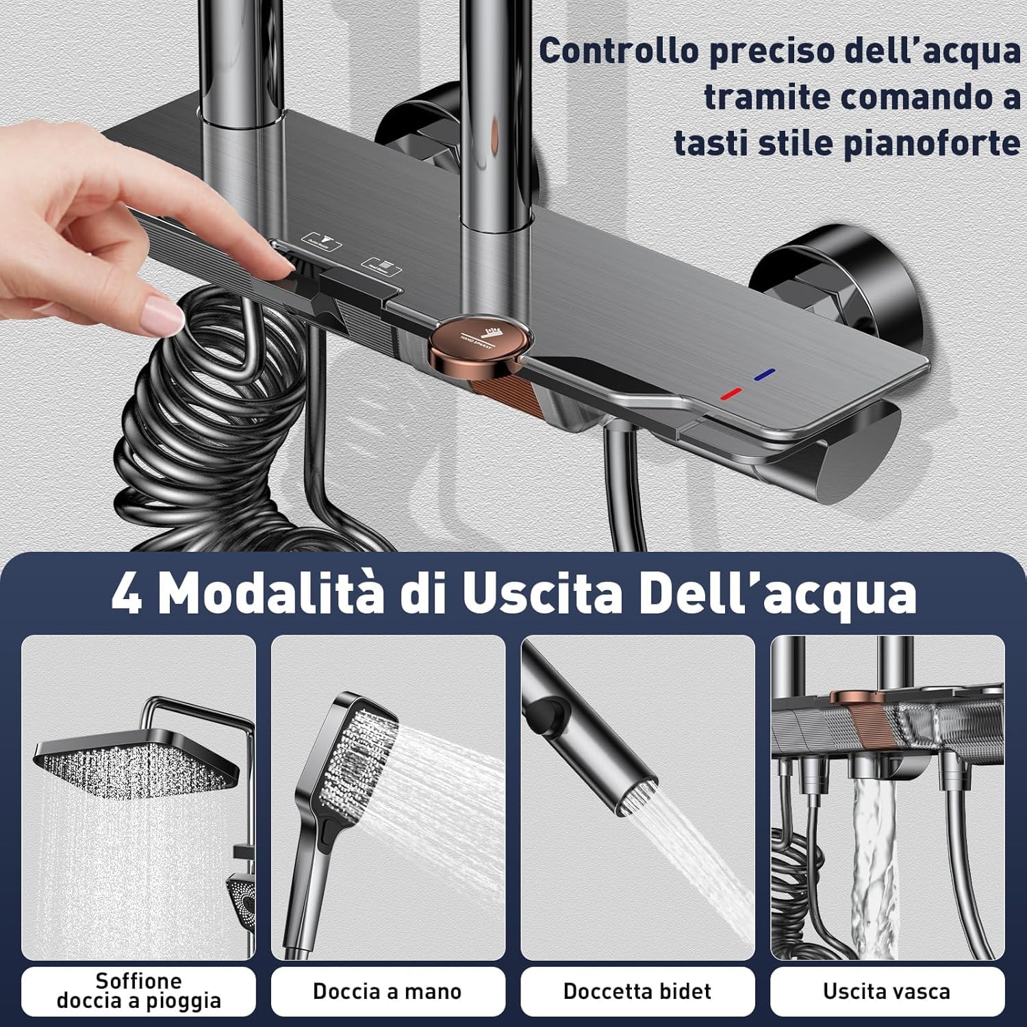 Colonna Doccia con Miscelatore, Set Doccia Soffione e Doccetta a Man, Pannello Comando Piano 4 Funzioni, Asta Saliscendi Altezza Regolabile, Corpo in Ottone Massiccio e Vetro Temperato-Grigio