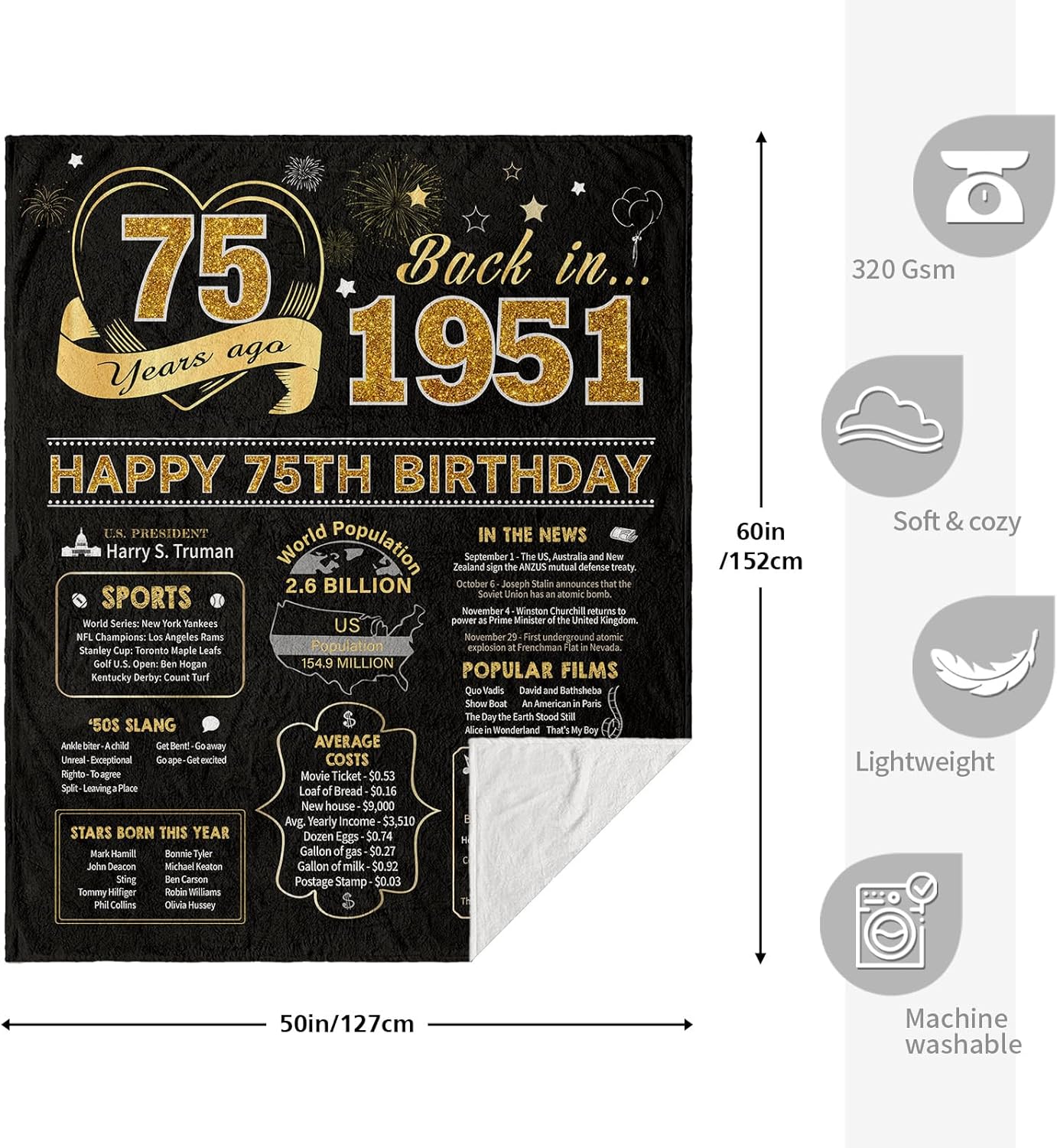75th Birthday Gifts for Women Men, Birthday Gifts for 75 Year Old Woman Man, Women/Men 75 Year Old Birthday Gifts, 1951 Birthday Gifts for Men Women, 75th Birthday Gift Ideas Throw Blanket 60x50 Inch - Image 5