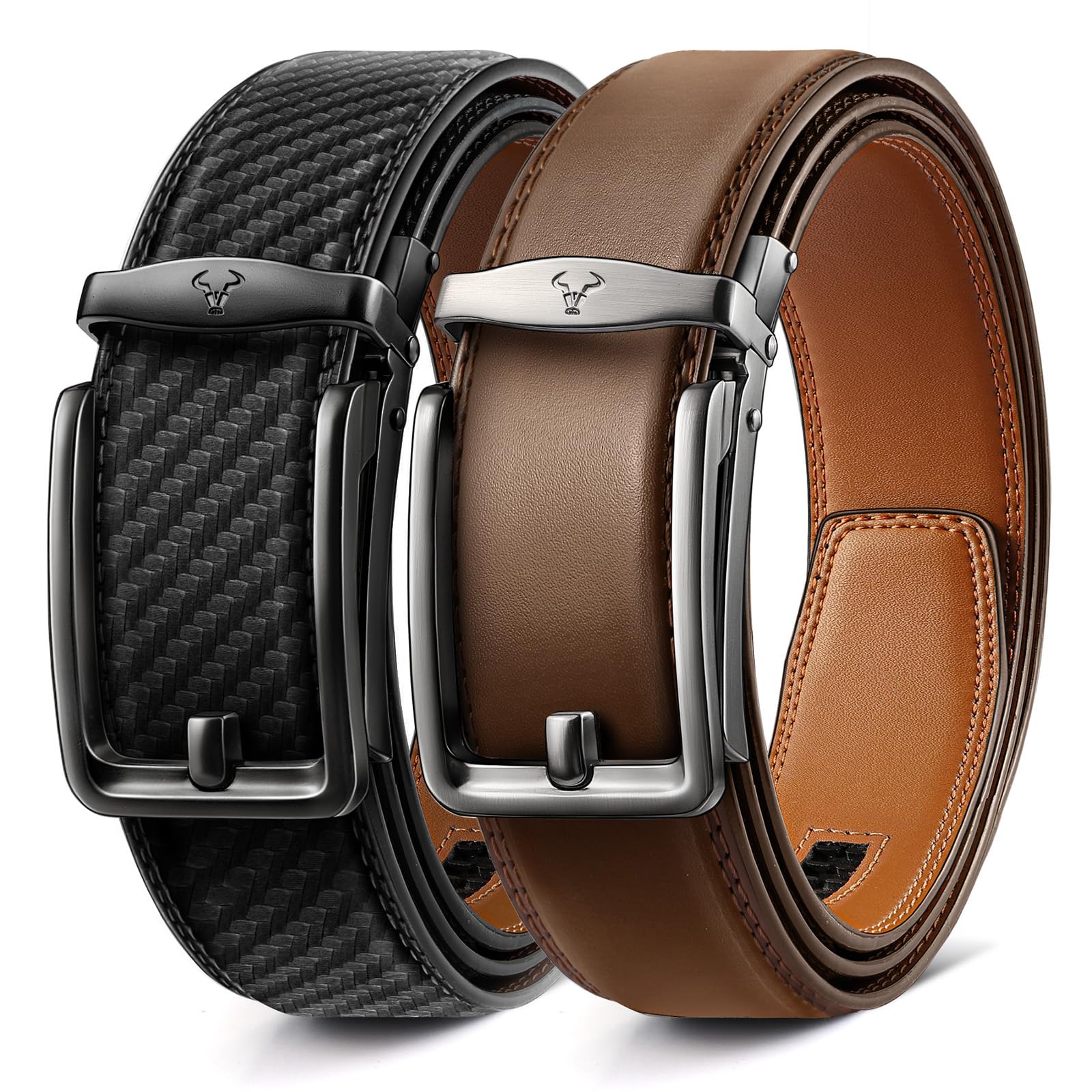 BULLIANT Men Ratchet Belt 2 Pack, Click Sliding Leather Belt Adjustable for Gift Men Dress Casual Jeans 1 3/8,Cut for Fit(Black/Tawny,32