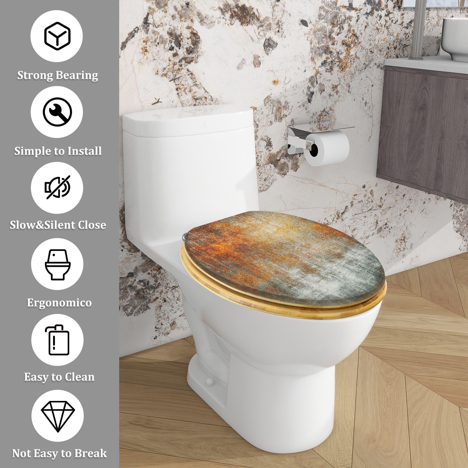 Copriwater allungato con chiusura ammortizzata e sgancio rapido in legno, facile da installare, stile grunge, decorazione murale per il bagno.