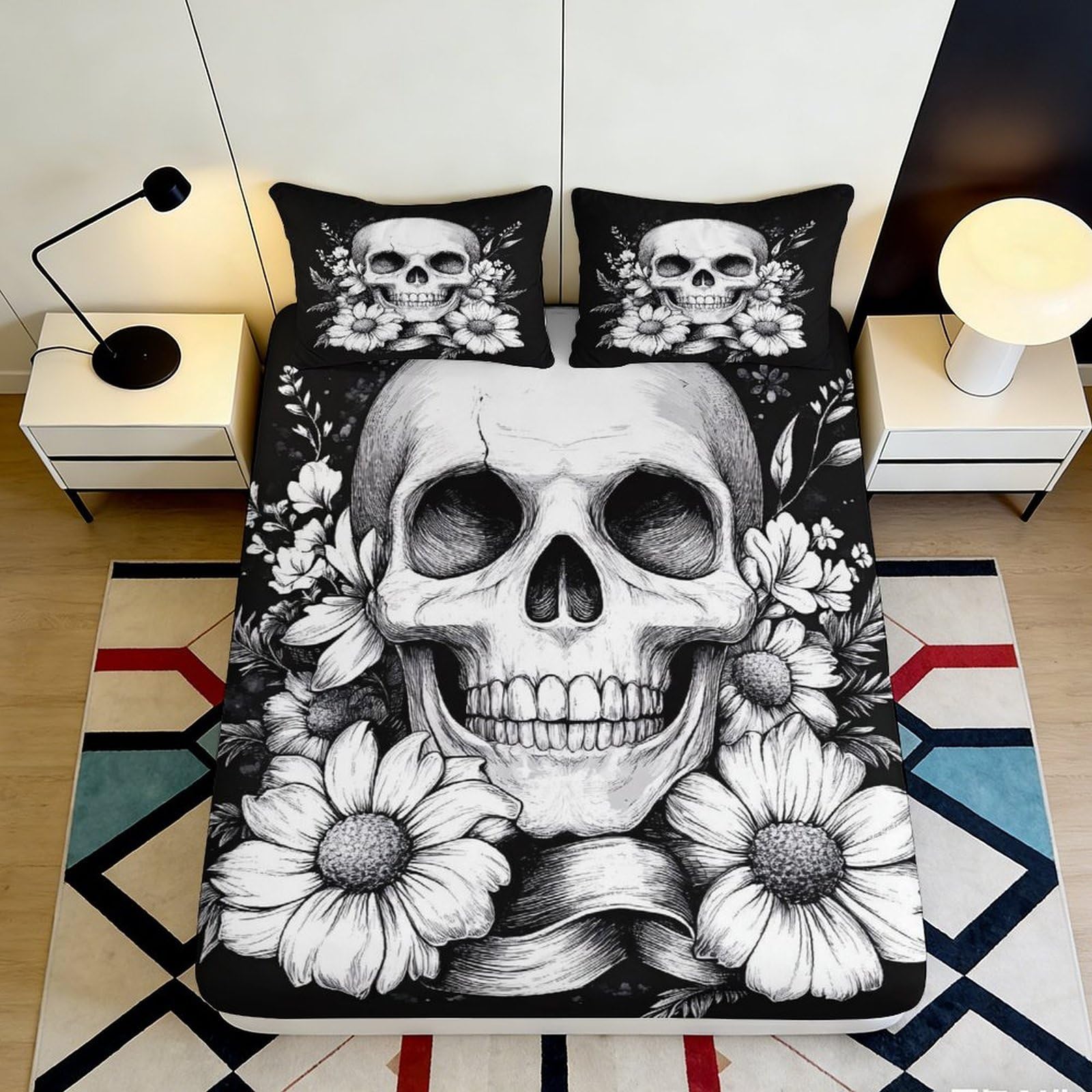 3D Printed Skull Floral Fitted Sheet Microfiber Deep Pocket Skull Floral Mattress Fitted Cover Non-Slip Full Wrap Bedding 120x200x25cm